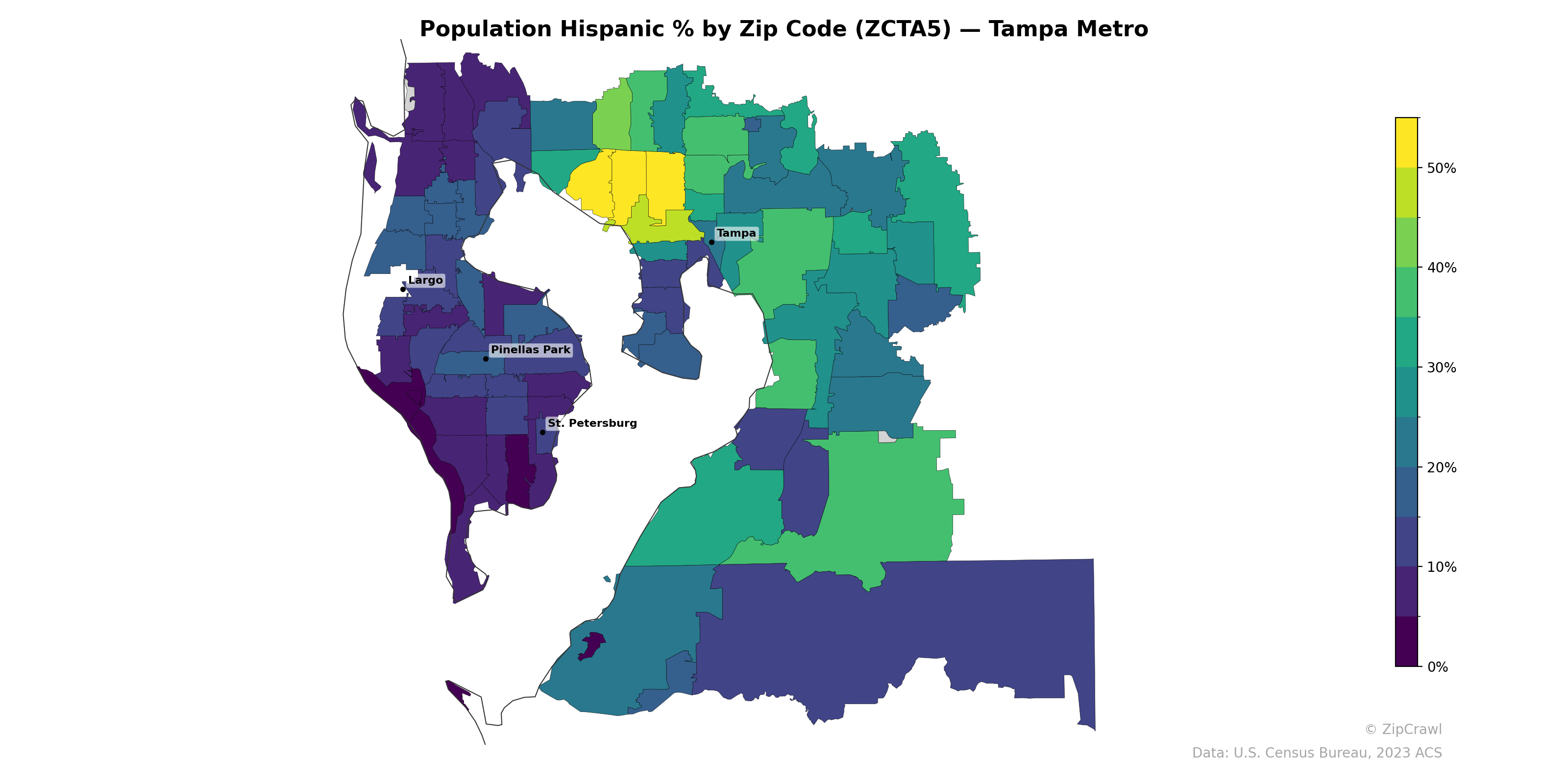 Population Hispanic % by Zip Code (ZCTA5) — Tampa Metro