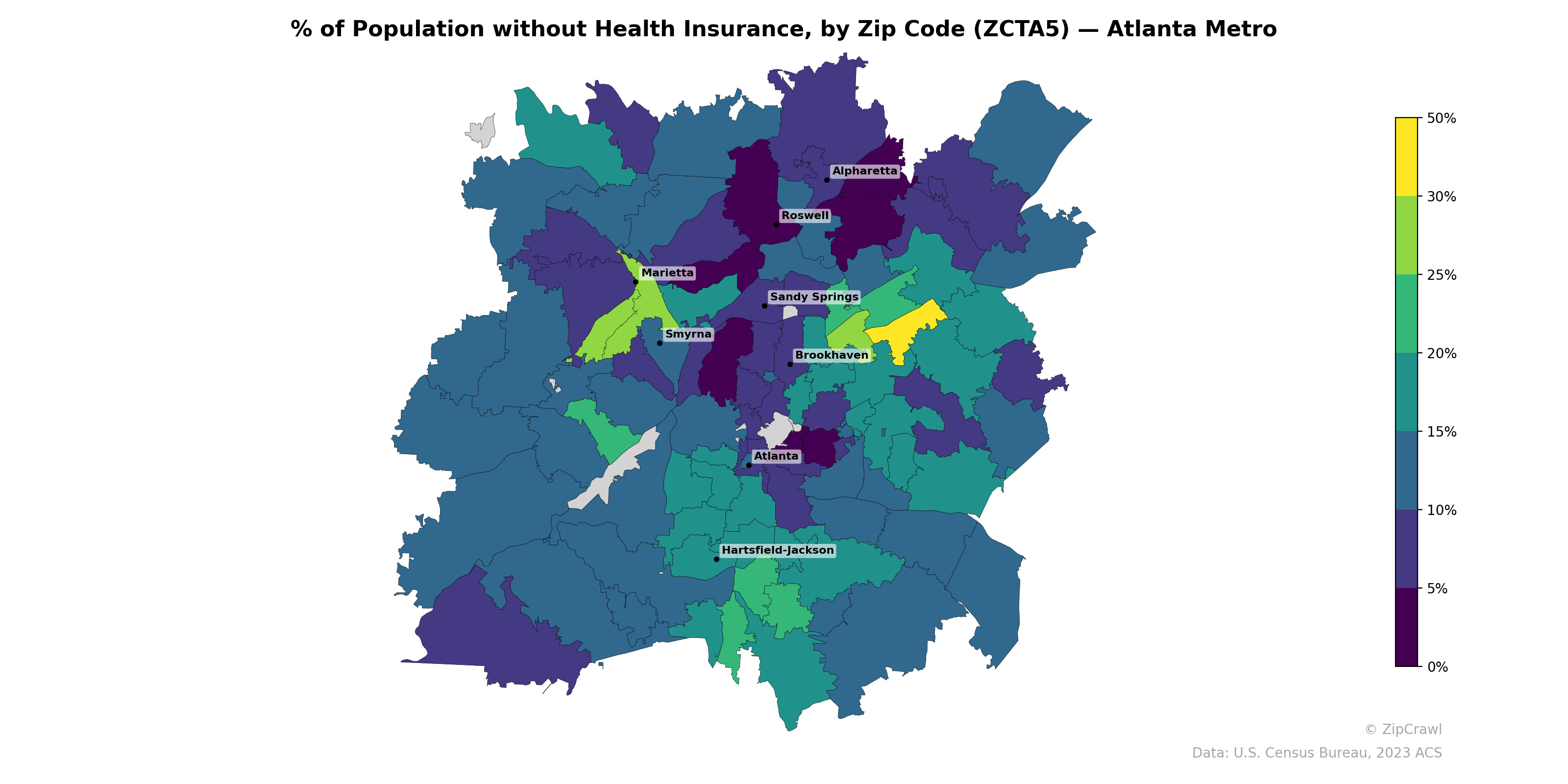 % of Population without Health Insurance, by Zip Code (ZCTA5) — Atlanta Metro