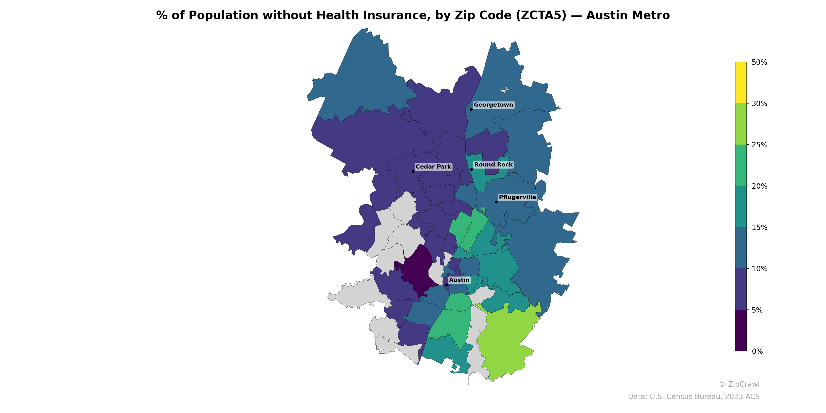 % of Population without Health Insurance, by Zip Code (ZCTA5) — Austin Metro