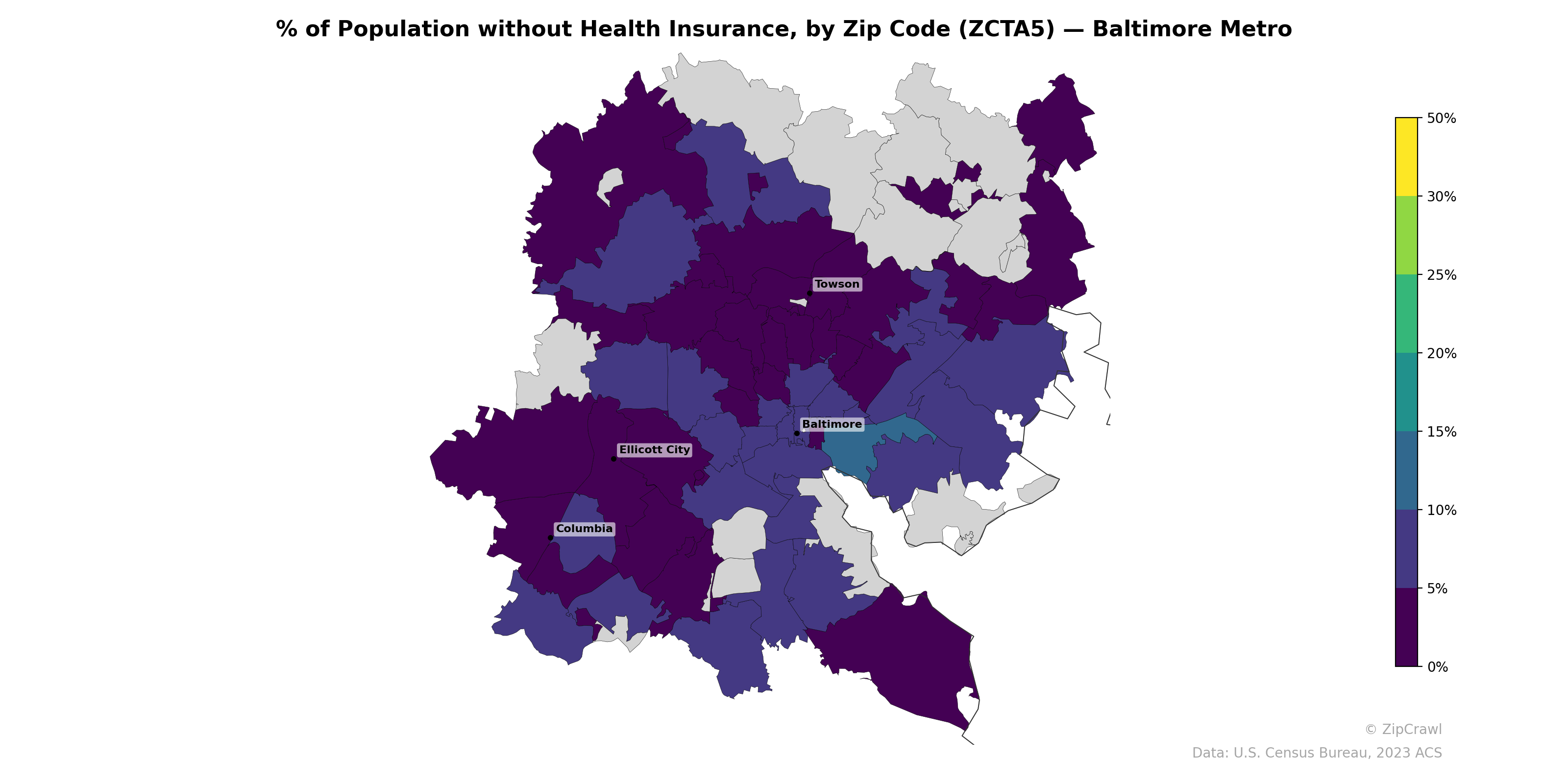 % of Population without Health Insurance, by Zip Code (ZCTA5) — Baltimore Metro