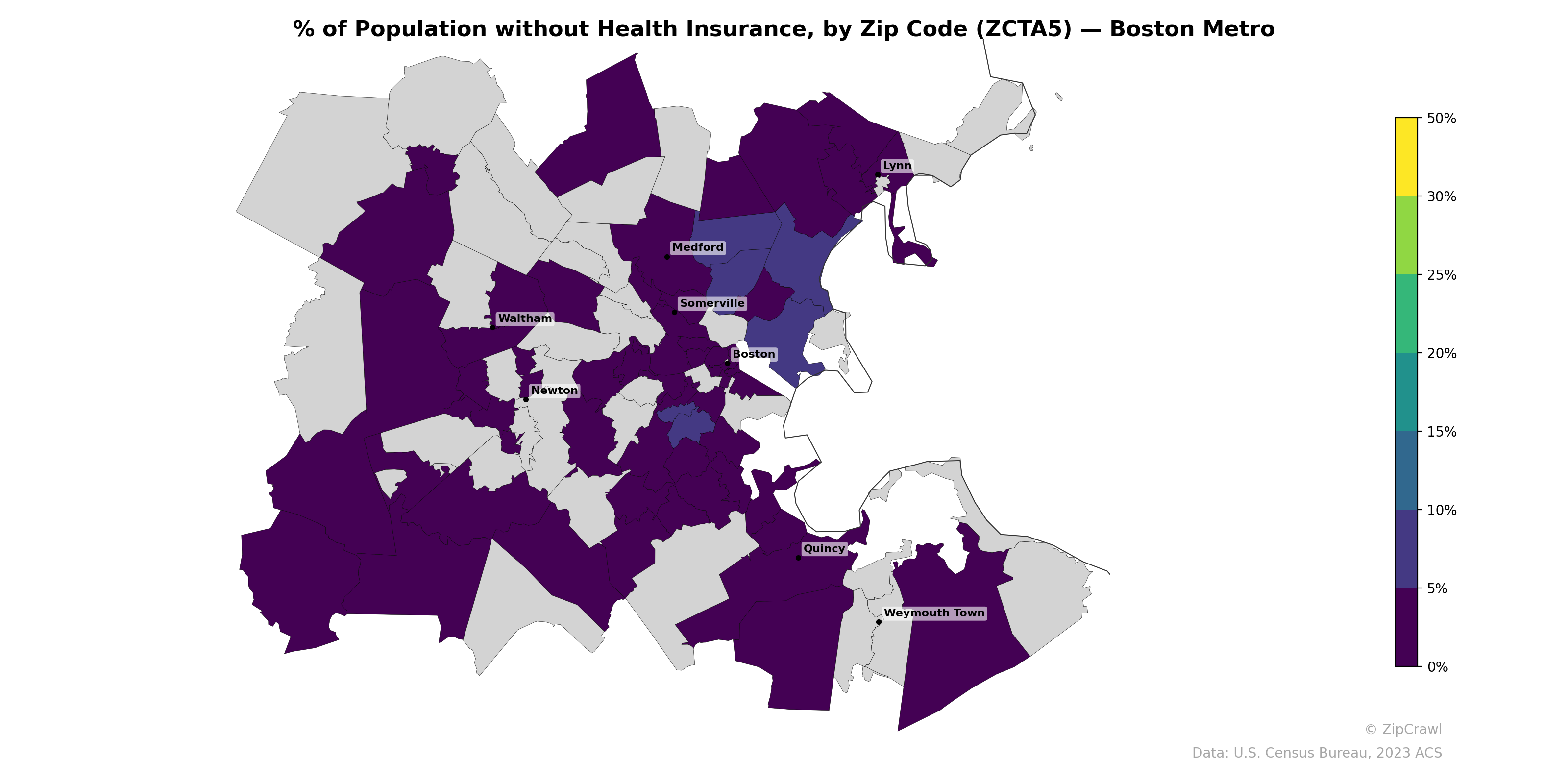 % of Population without Health Insurance, by Zip Code (ZCTA5) — Boston Metro