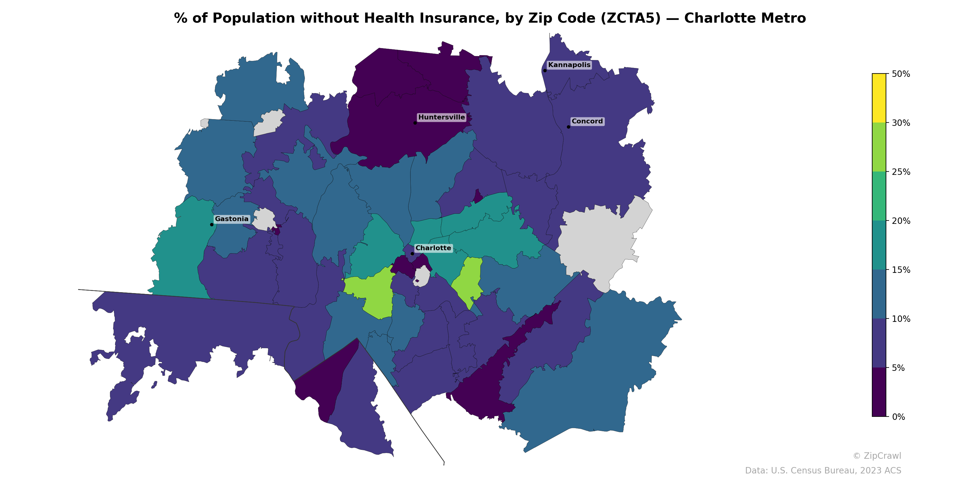 % of Population without Health Insurance, by Zip Code (ZCTA5) — Charlotte Metro