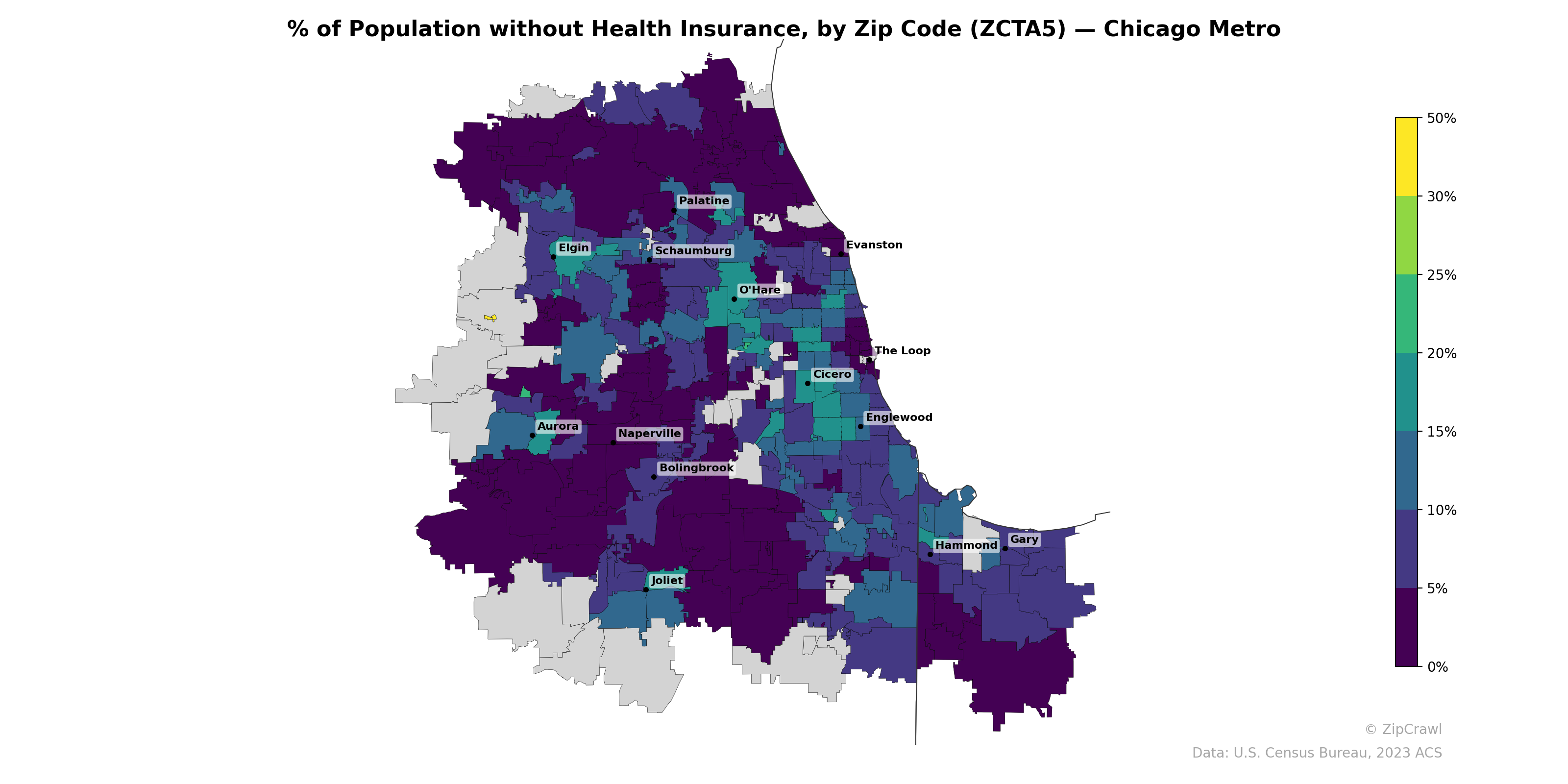 % of Population without Health Insurance, by Zip Code (ZCTA5) — Chicago Metro