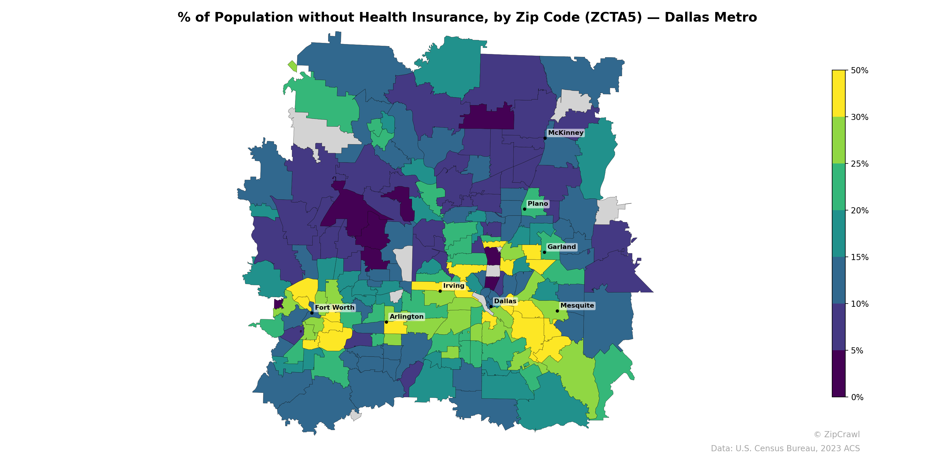 % of Population without Health Insurance, by Zip Code (ZCTA5) — Dallas Metro