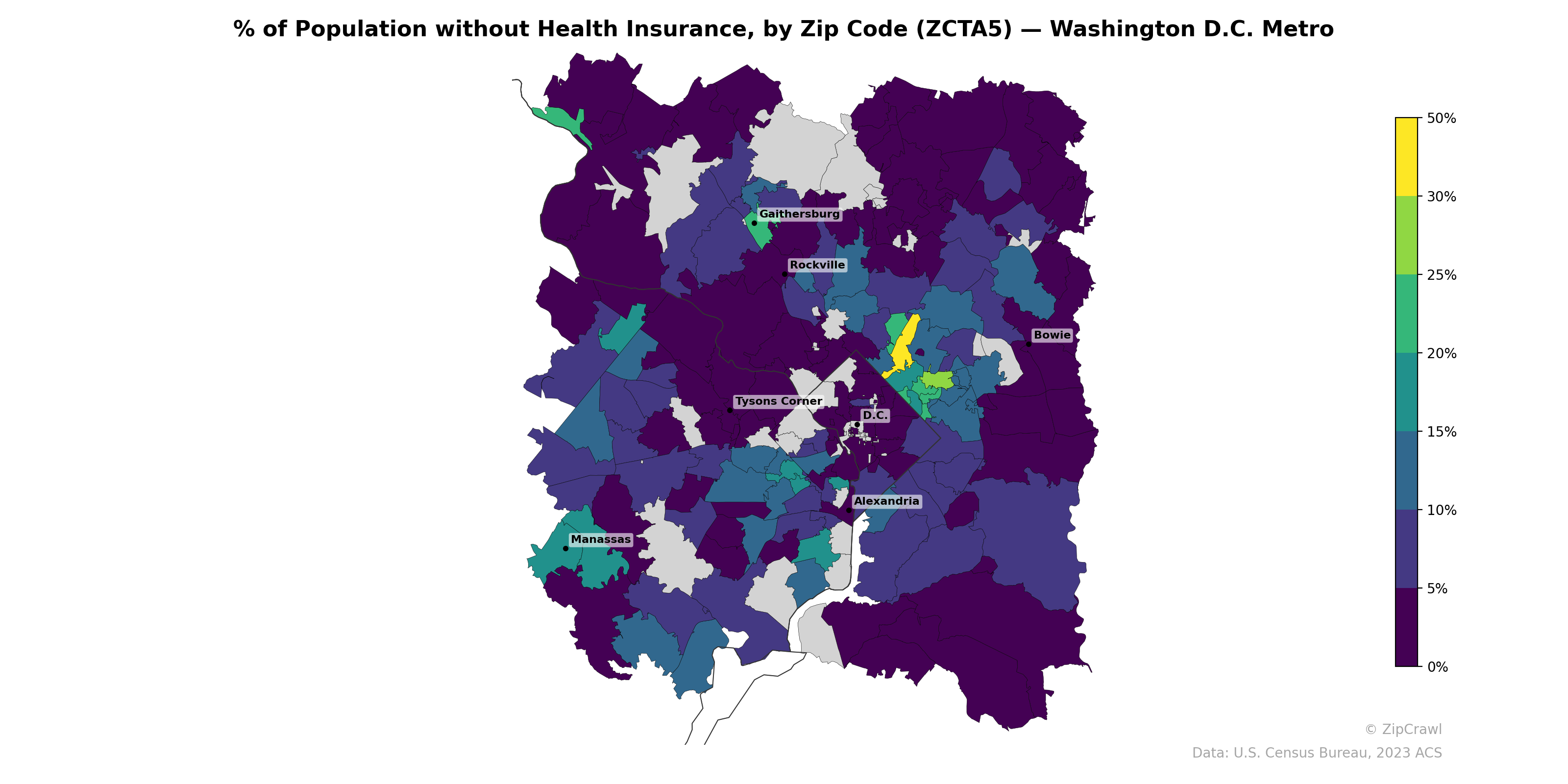 % of Population without Health Insurance, by Zip Code (ZCTA5) — Washington D.C. Metro