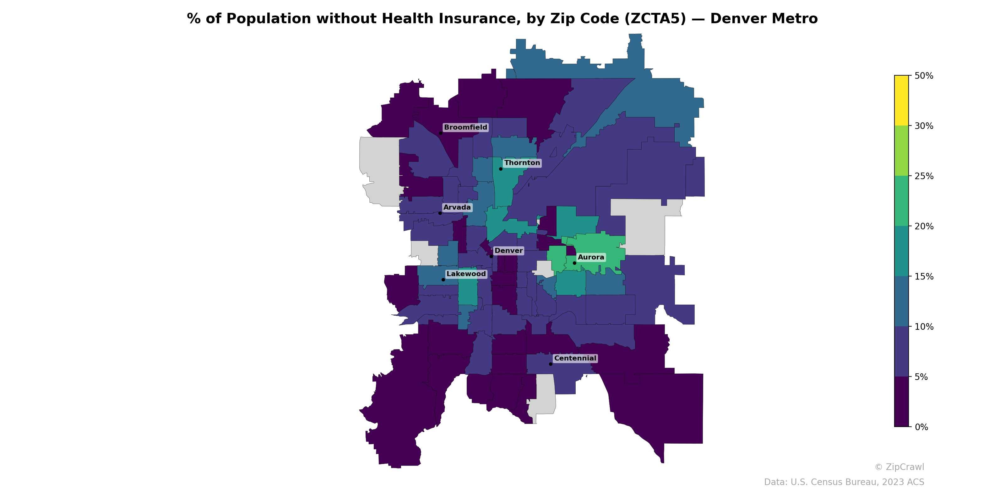 % of Population without Health Insurance, by Zip Code (ZCTA5) — Denver Metro