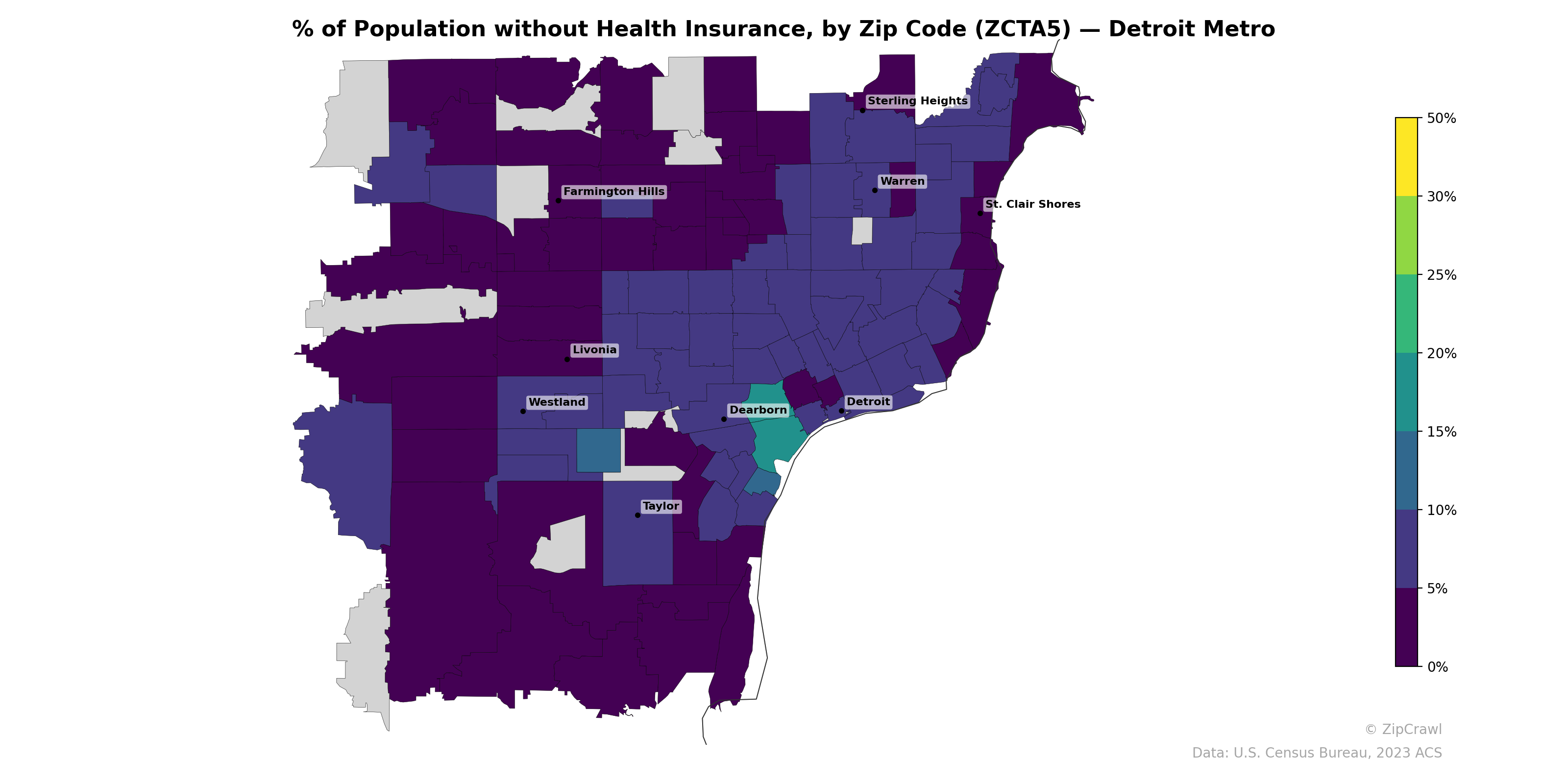 % of Population without Health Insurance, by Zip Code (ZCTA5) — Detroit Metro