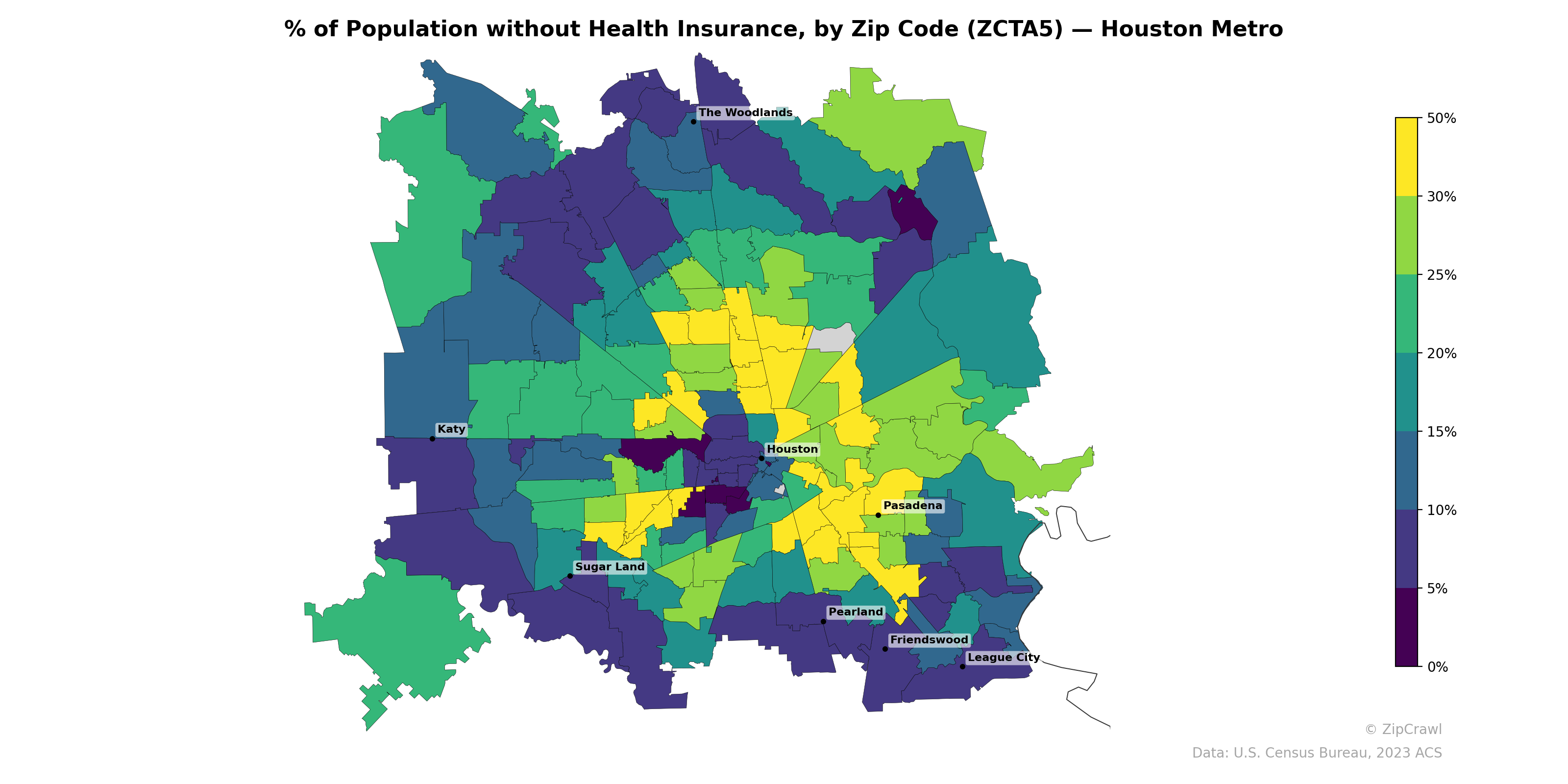 % of Population without Health Insurance, by Zip Code (ZCTA5) — Houston Metro