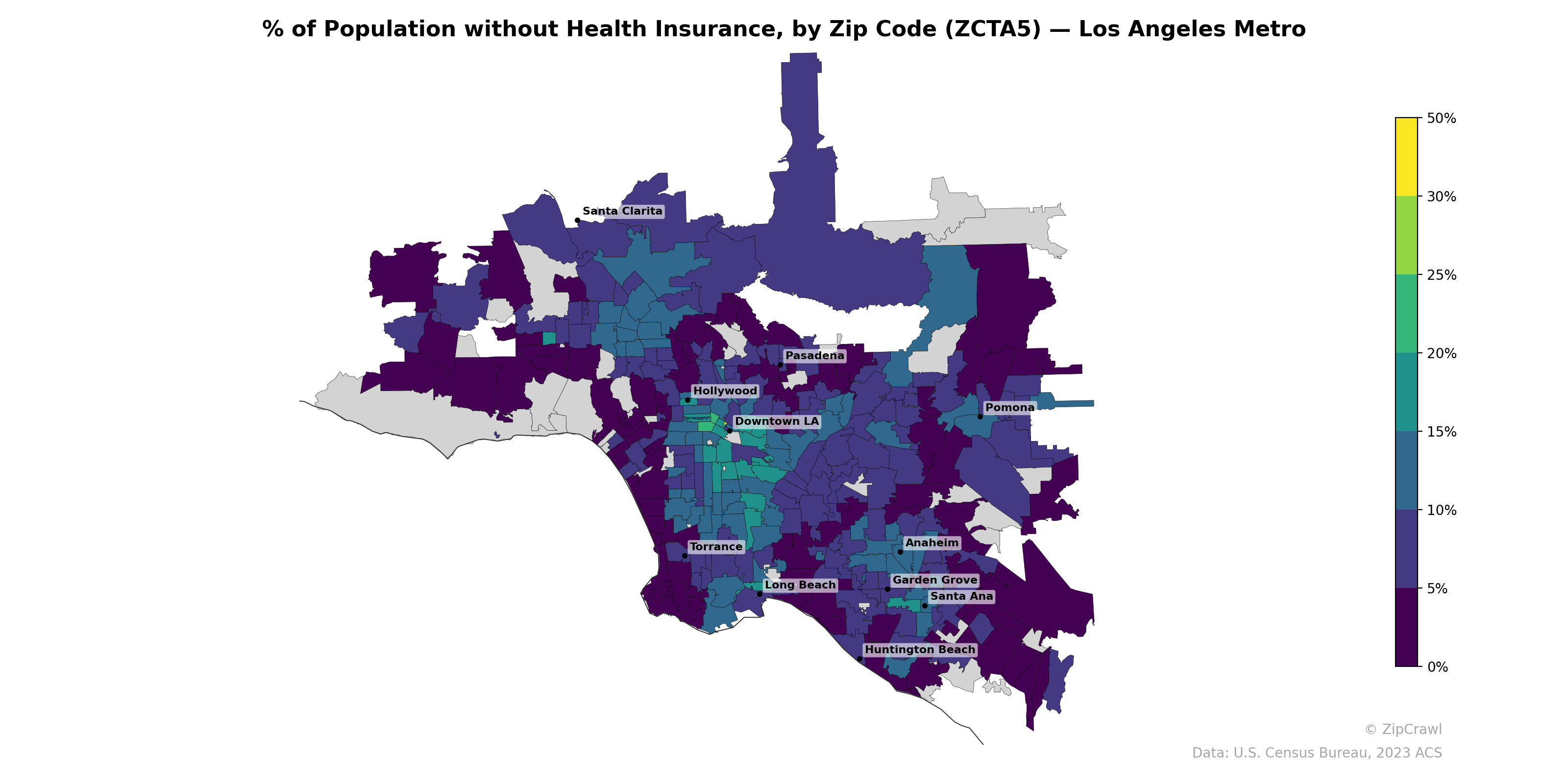 % of Population without Health Insurance, by Zip Code (ZCTA5) — Los Angeles Metro