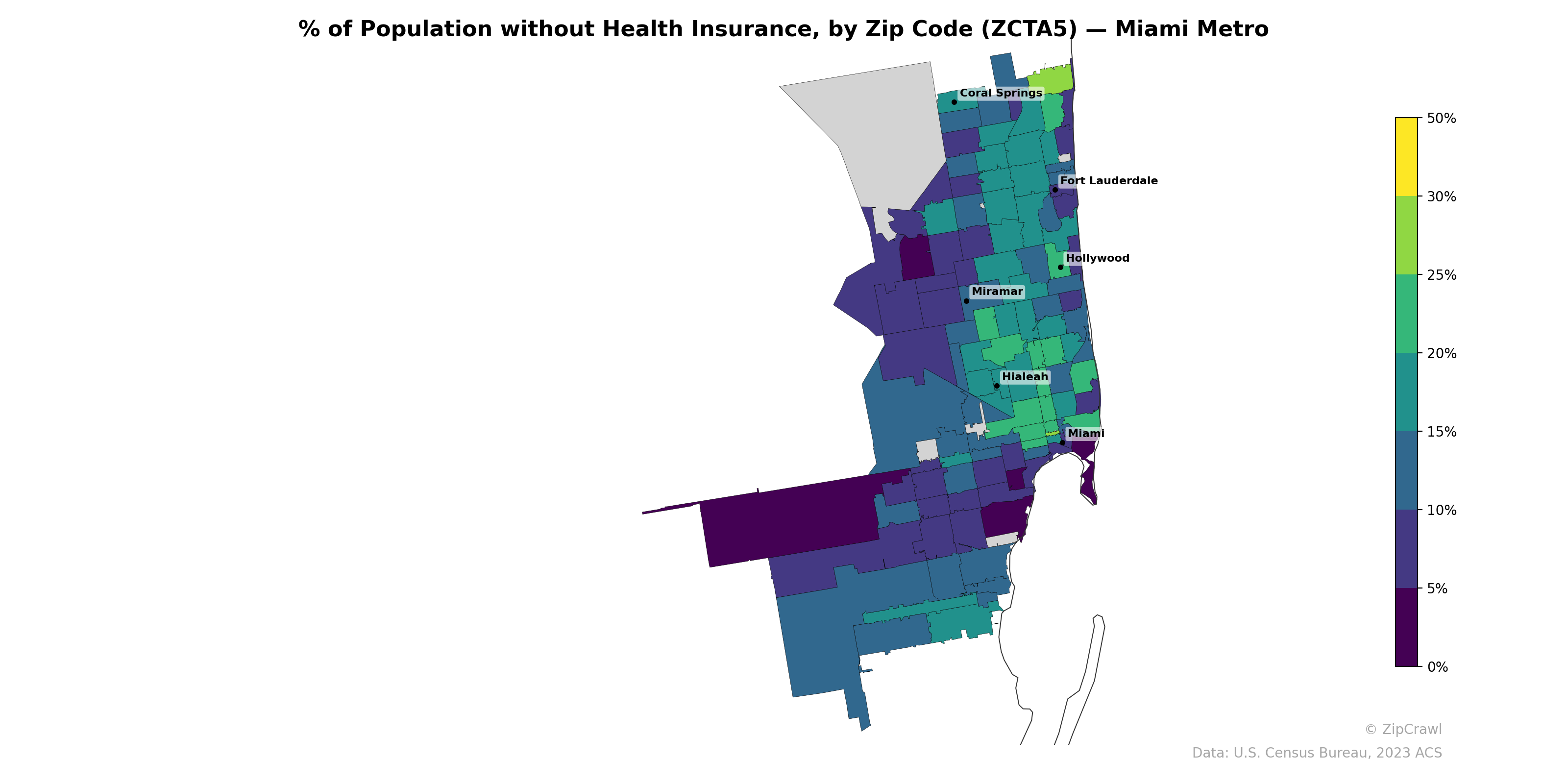 % of Population without Health Insurance, by Zip Code (ZCTA5) — Miami Metro