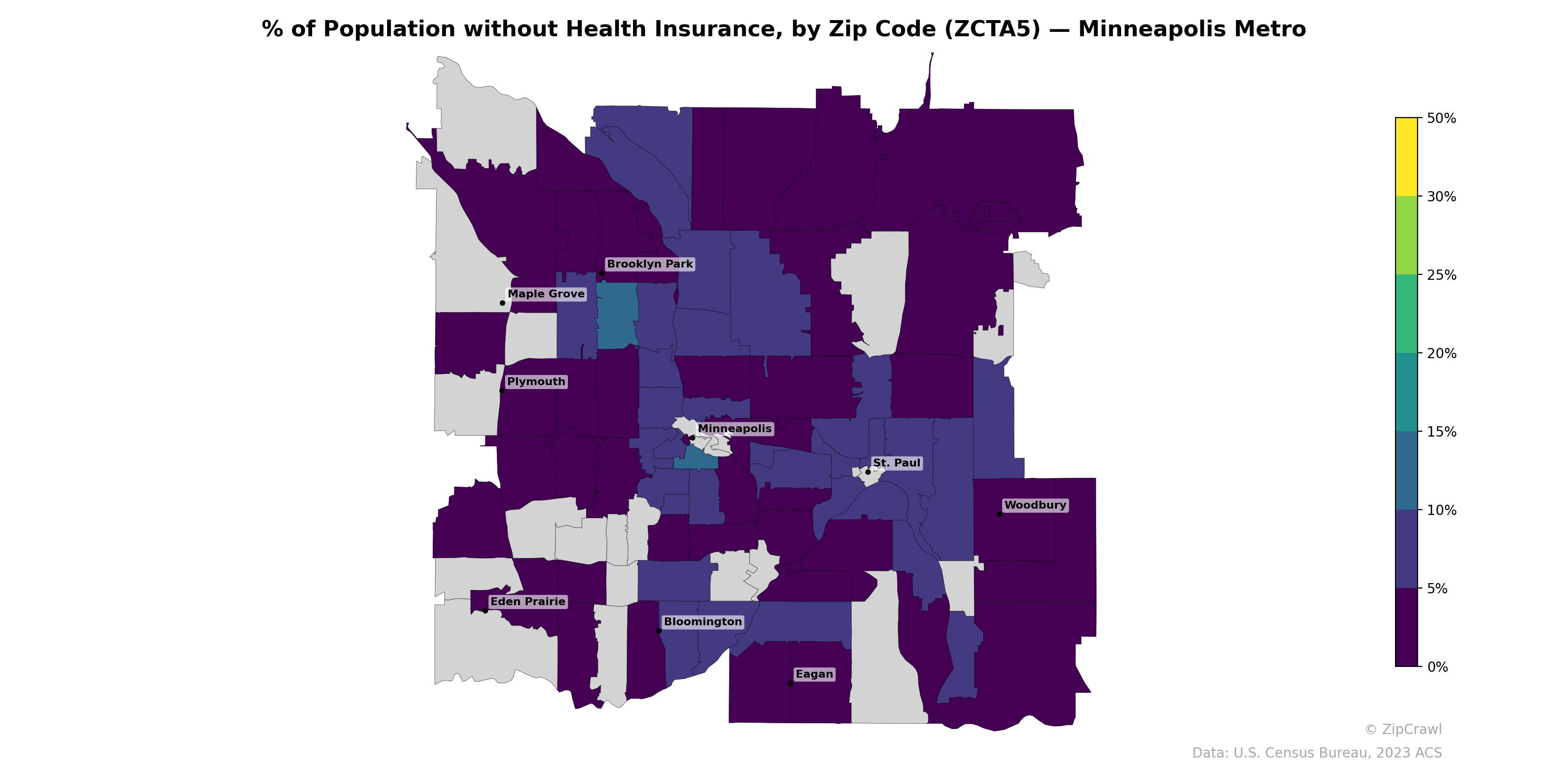 % of Population without Health Insurance, by Zip Code (ZCTA5) — Minneapolis Metro