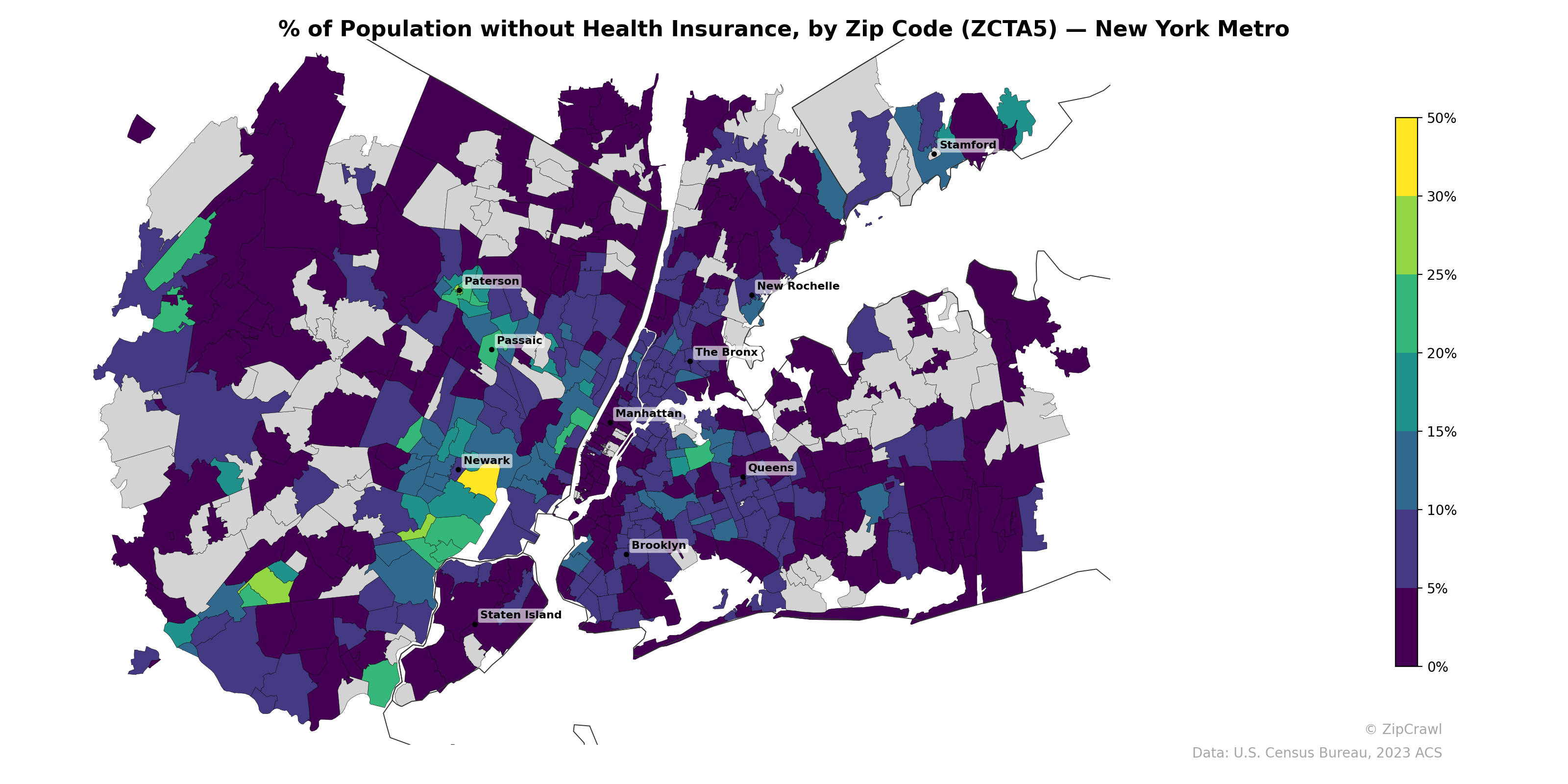 % of Population without Health Insurance, by Zip Code (ZCTA5) — New York Metro