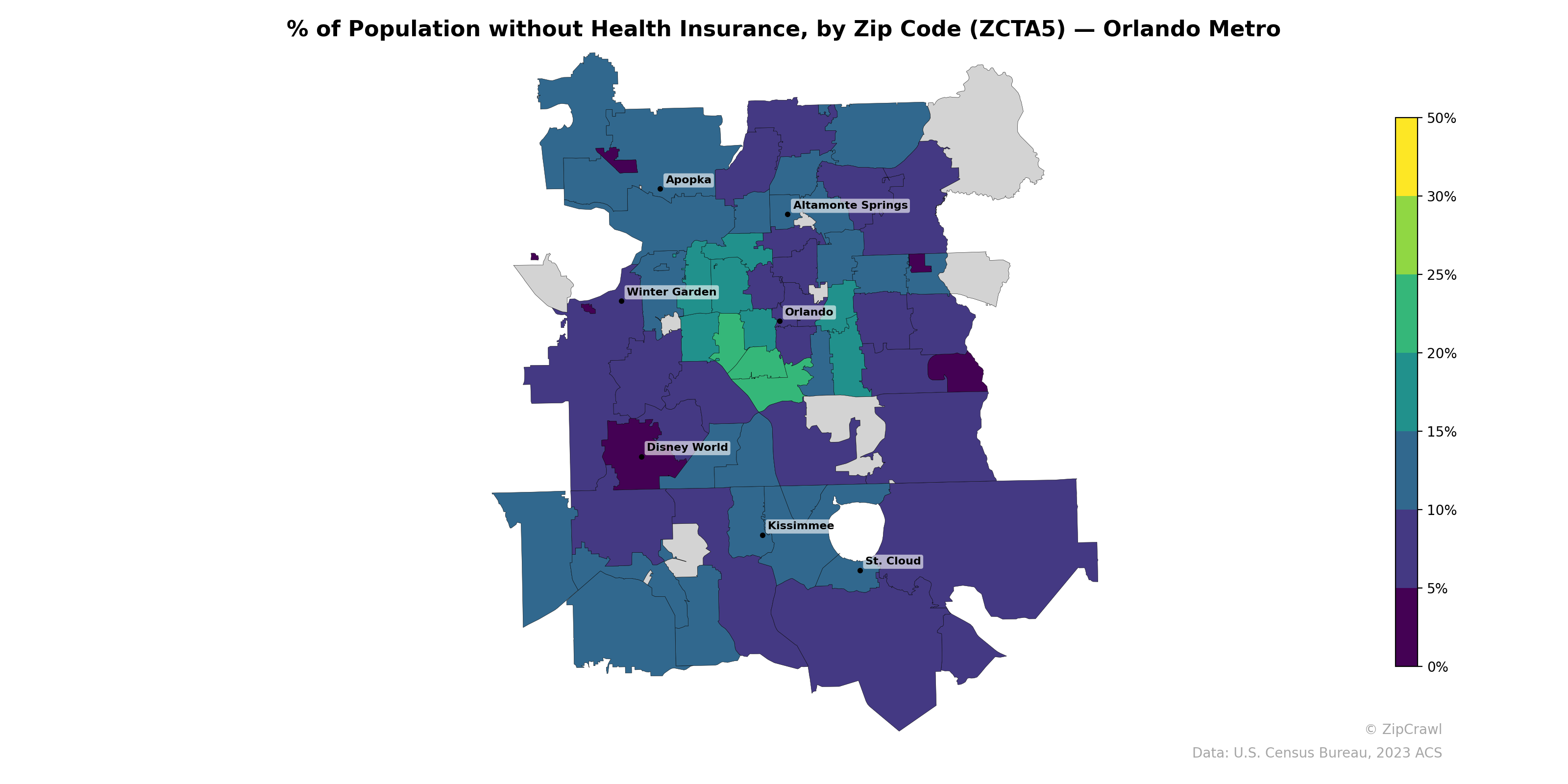 % of Population without Health Insurance, by Zip Code (ZCTA5) — Orlando Metro