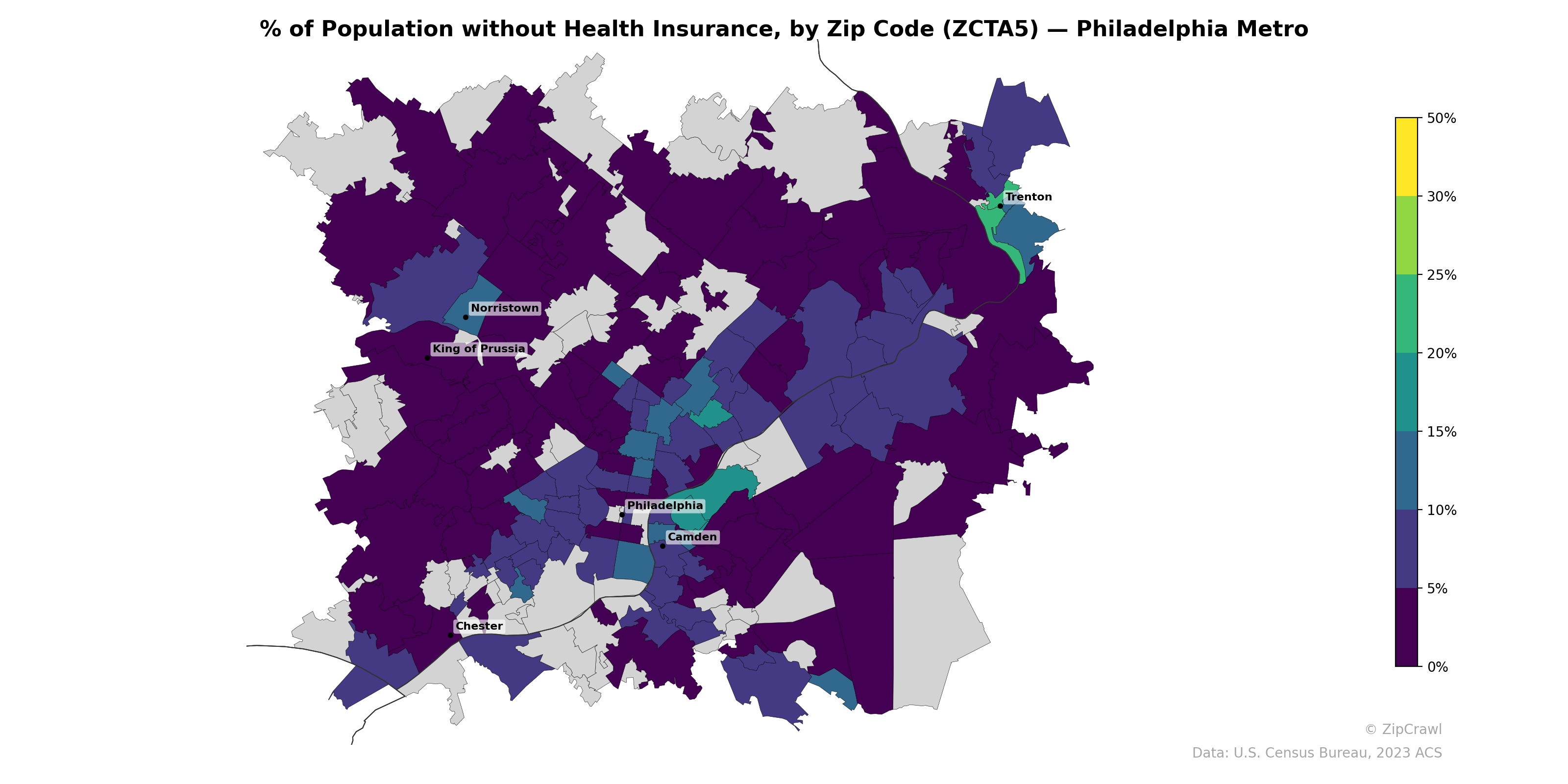% of Population without Health Insurance, by Zip Code (ZCTA5) — Philadelphia Metro
