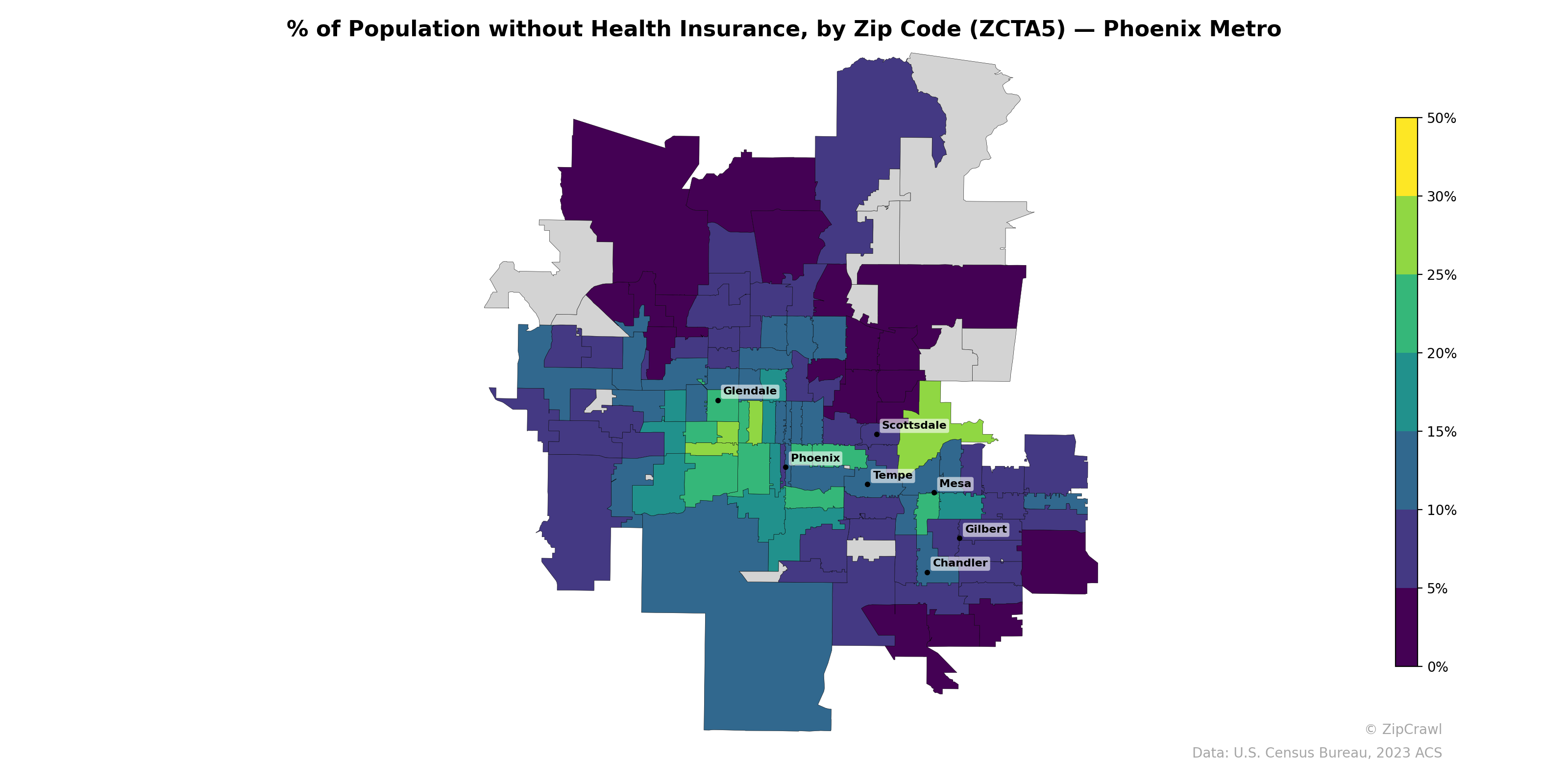% of Population without Health Insurance, by Zip Code (ZCTA5) — Phoenix Metro