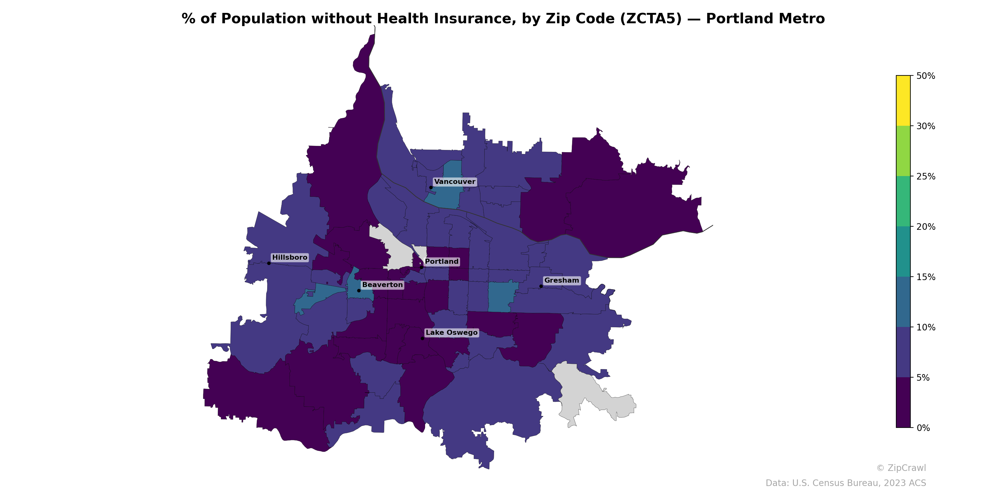 % of Population without Health Insurance, by Zip Code (ZCTA5) — Portland Metro