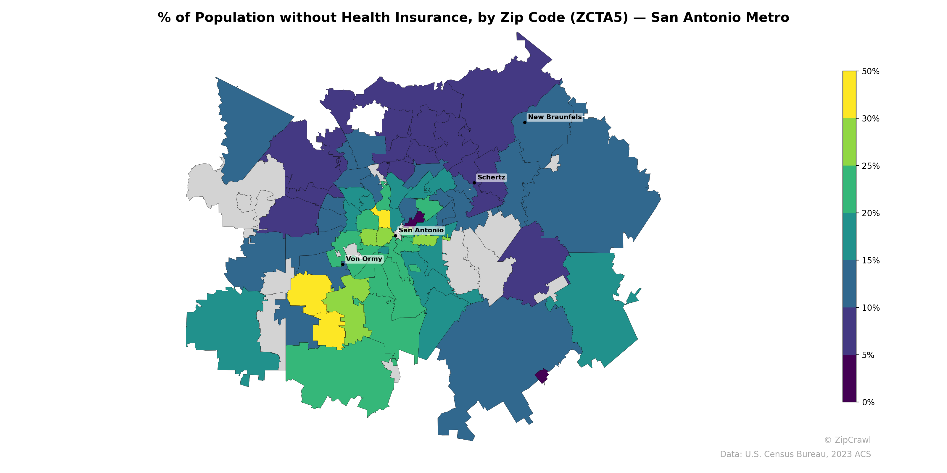 % of Population without Health Insurance, by Zip Code (ZCTA5) — San Antonio Metro