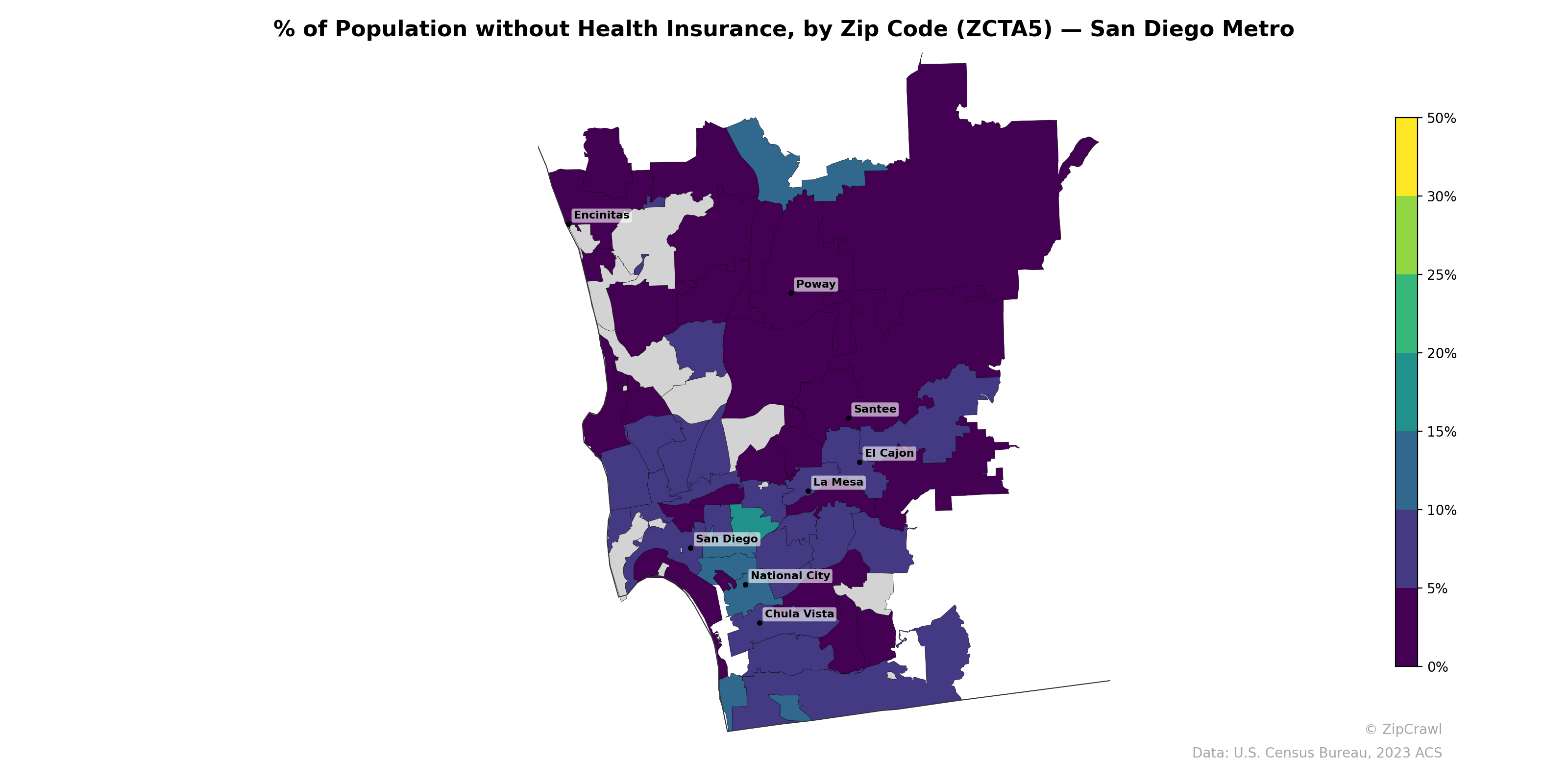% of Population without Health Insurance, by Zip Code (ZCTA5) — San Diego Metro