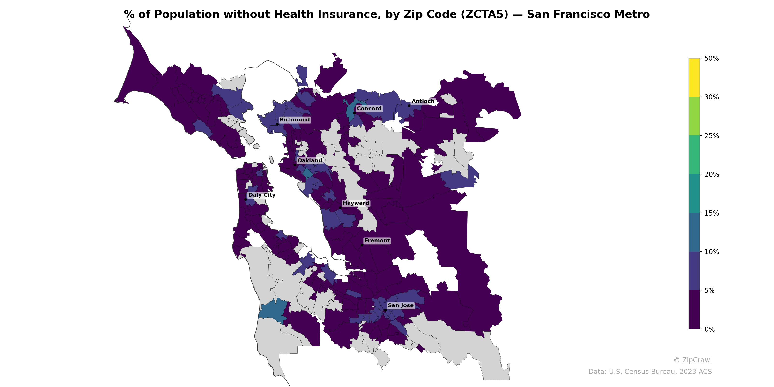 % of Population without Health Insurance, by Zip Code (ZCTA5) — San Francisco Metro