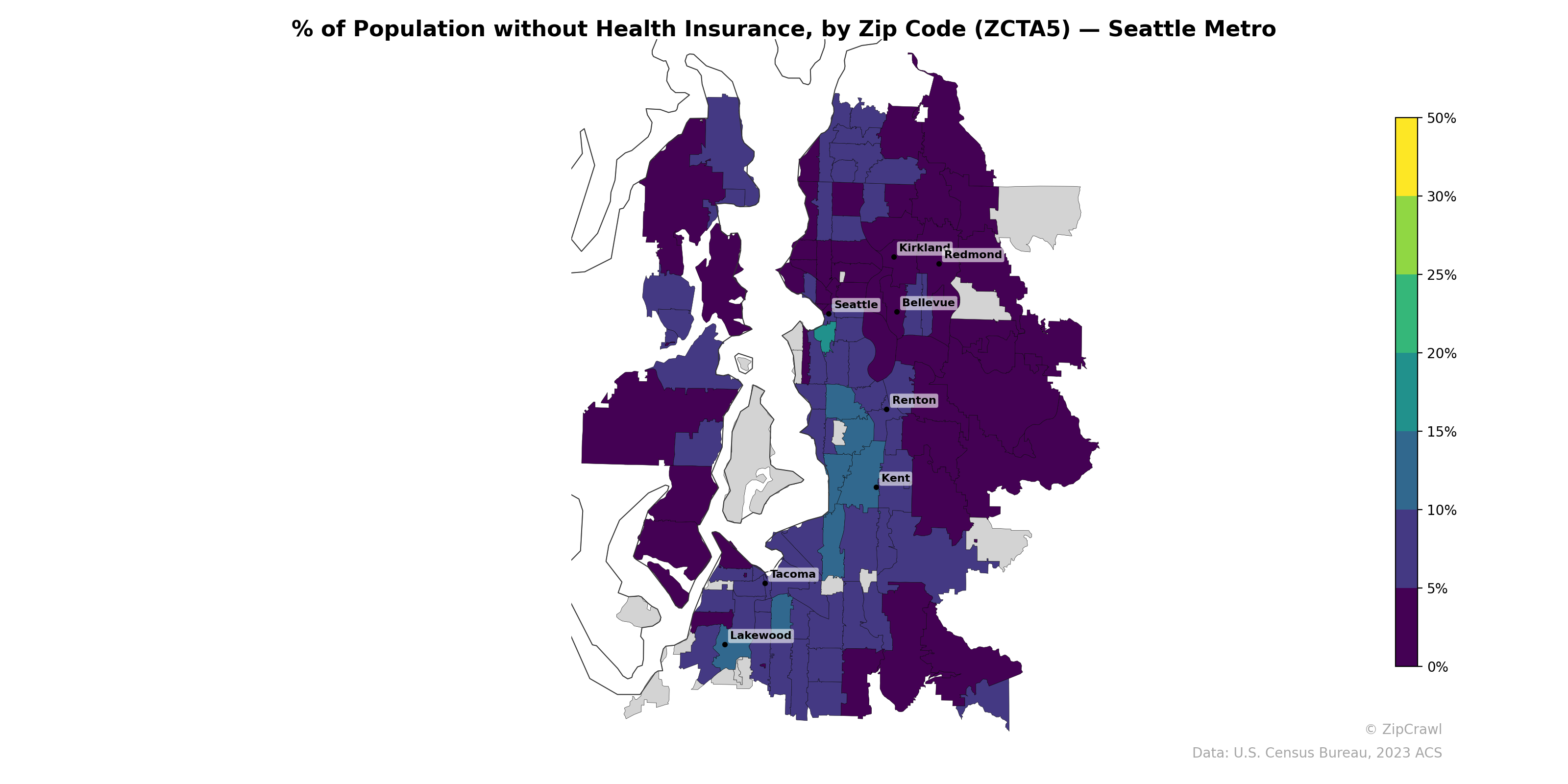 % of Population without Health Insurance, by Zip Code (ZCTA5) — Seattle Metro