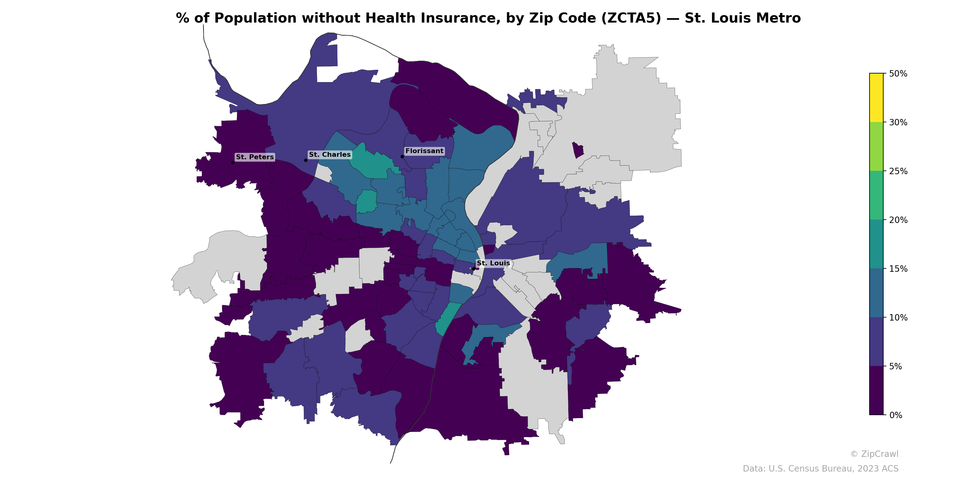 % of Population without Health Insurance, by Zip Code (ZCTA5) — St. Louis Metro