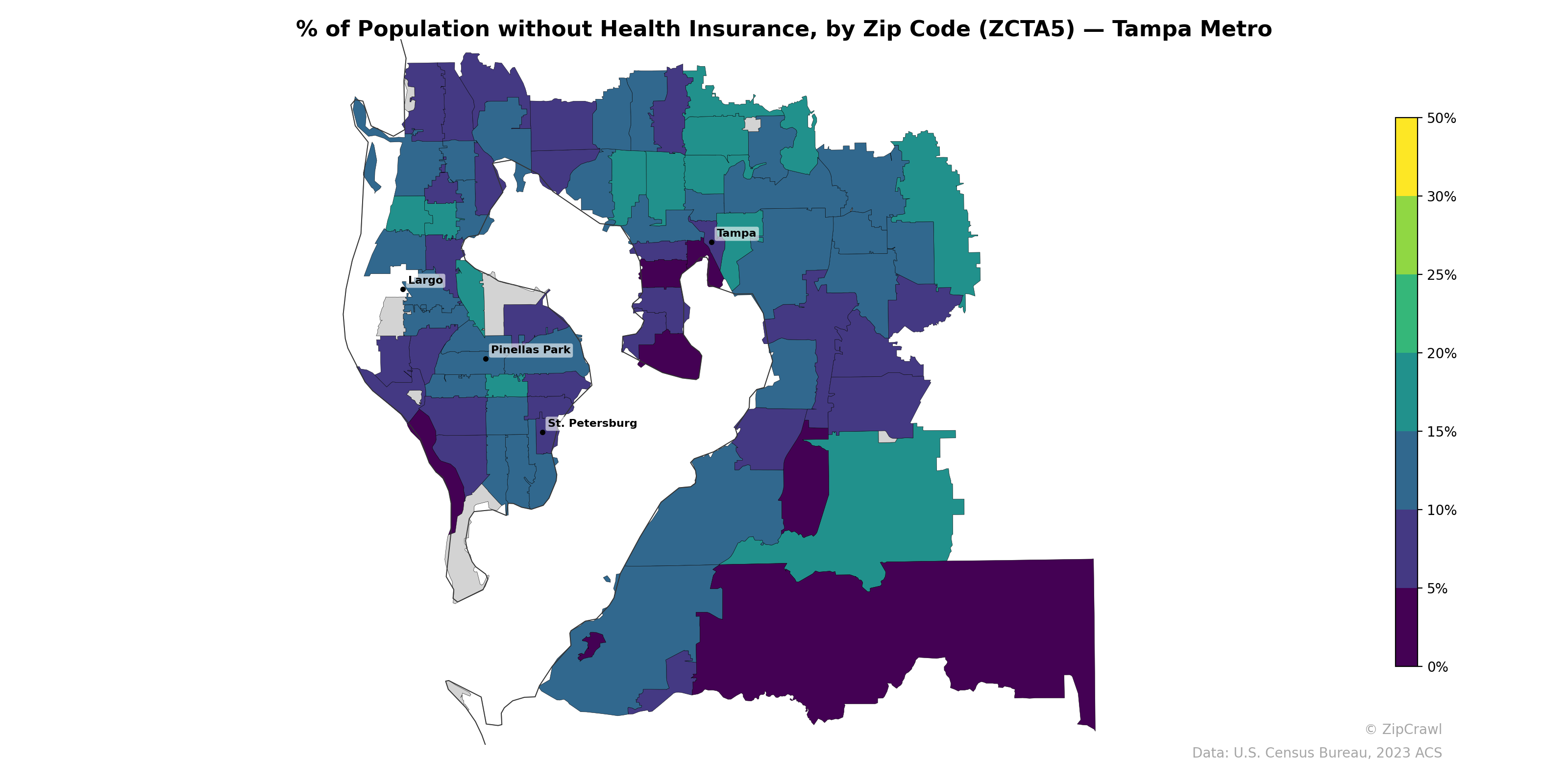 % of Population without Health Insurance, by Zip Code (ZCTA5) — Tampa Metro