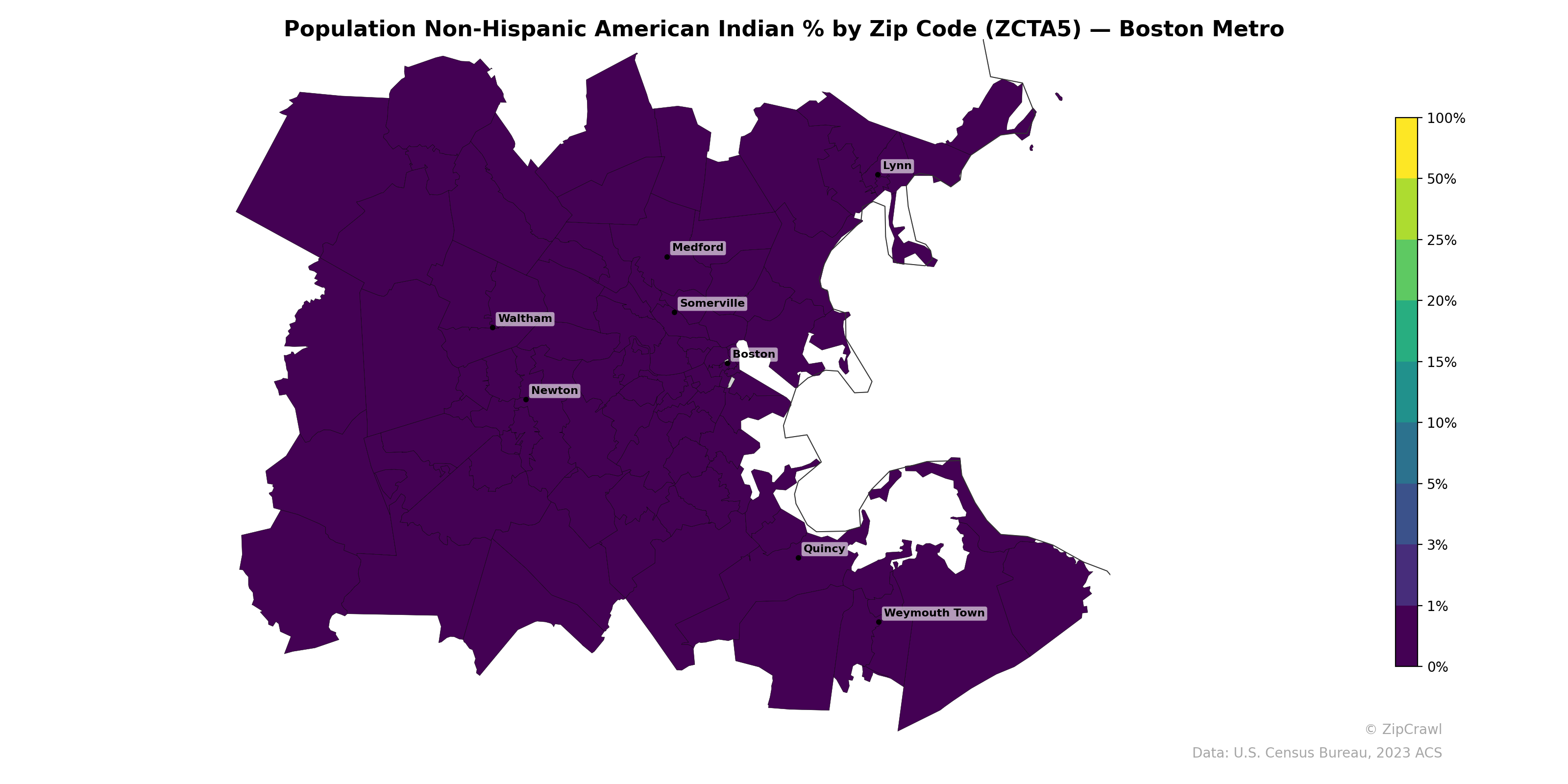 Population Non-Hispanic American Indian % by Zip Code (ZCTA5) — Boston Metro