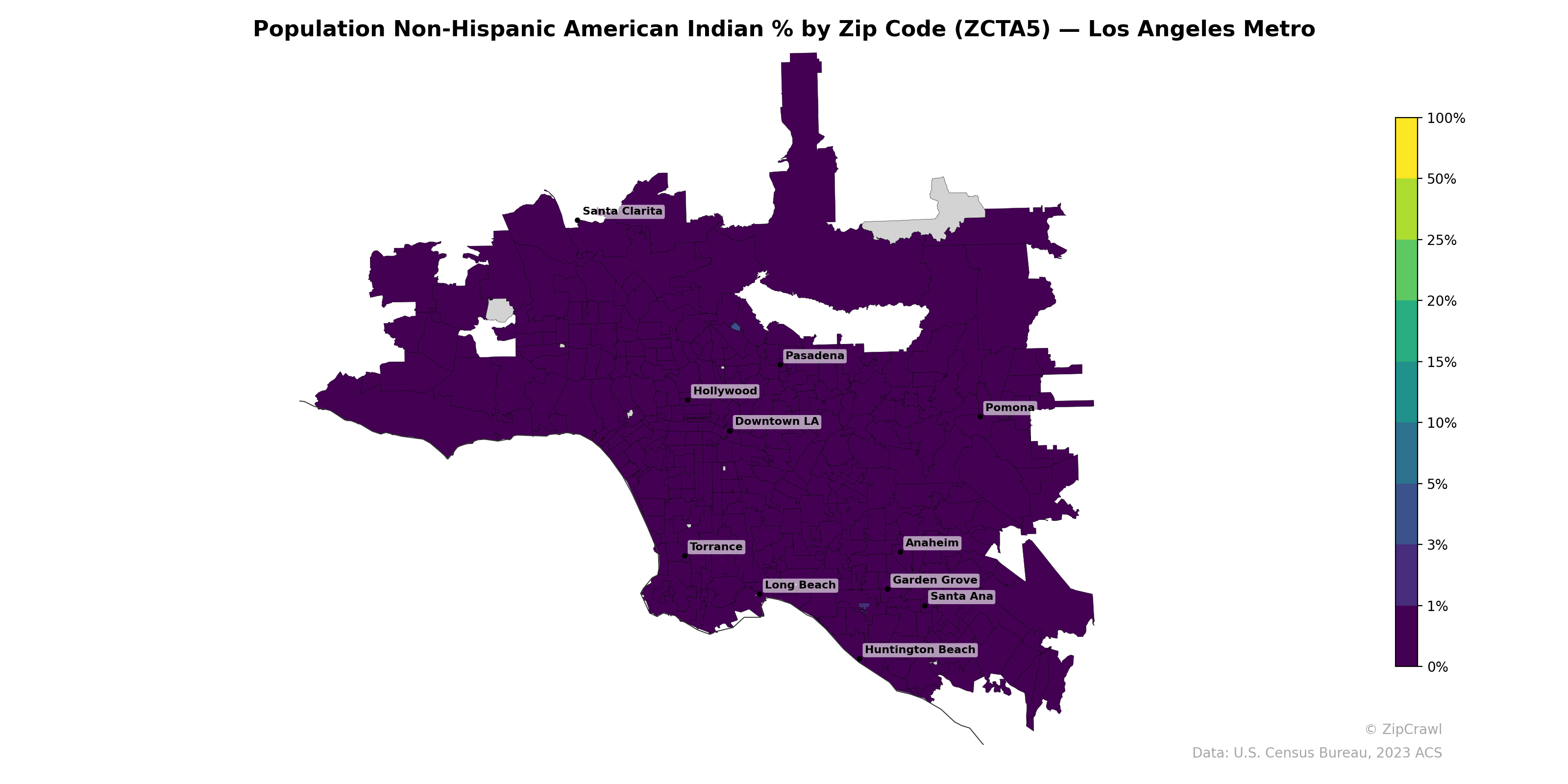 Population Non-Hispanic American Indian % by Zip Code (ZCTA5) — Los Angeles Metro