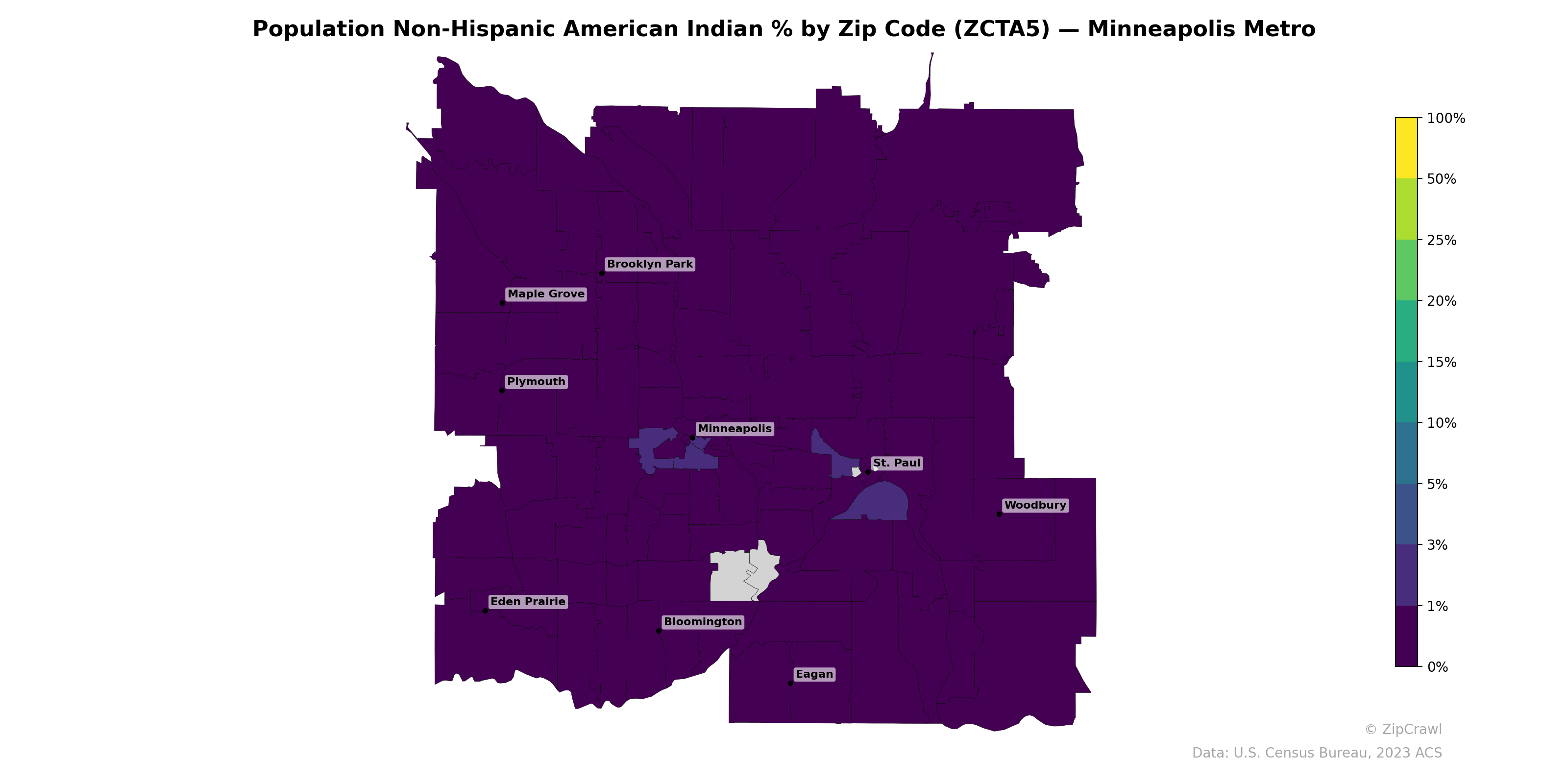 Population Non-Hispanic American Indian % by Zip Code (ZCTA5) — Minneapolis Metro