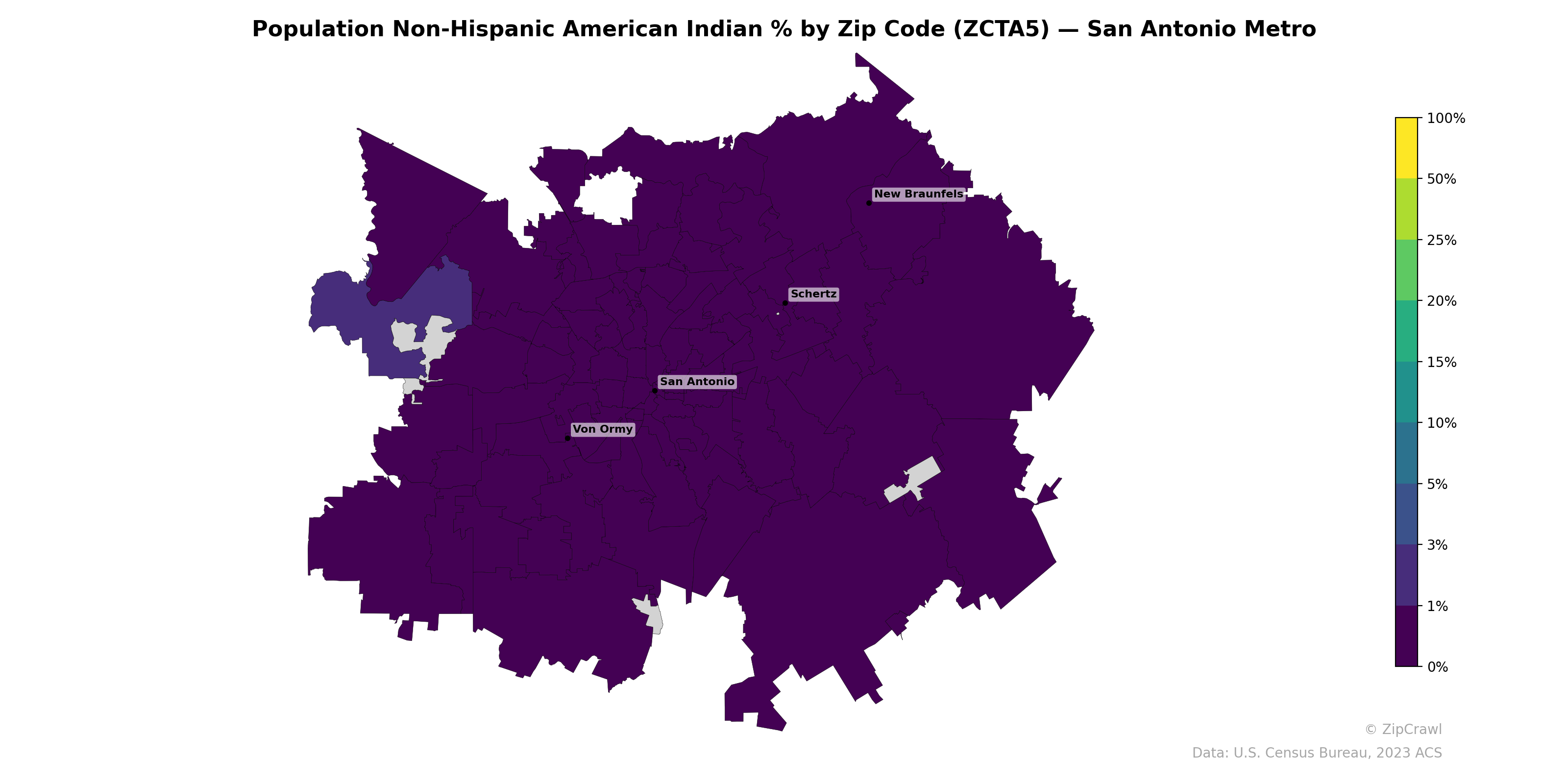 Population Non-Hispanic American Indian % by Zip Code (ZCTA5) — San Antonio Metro