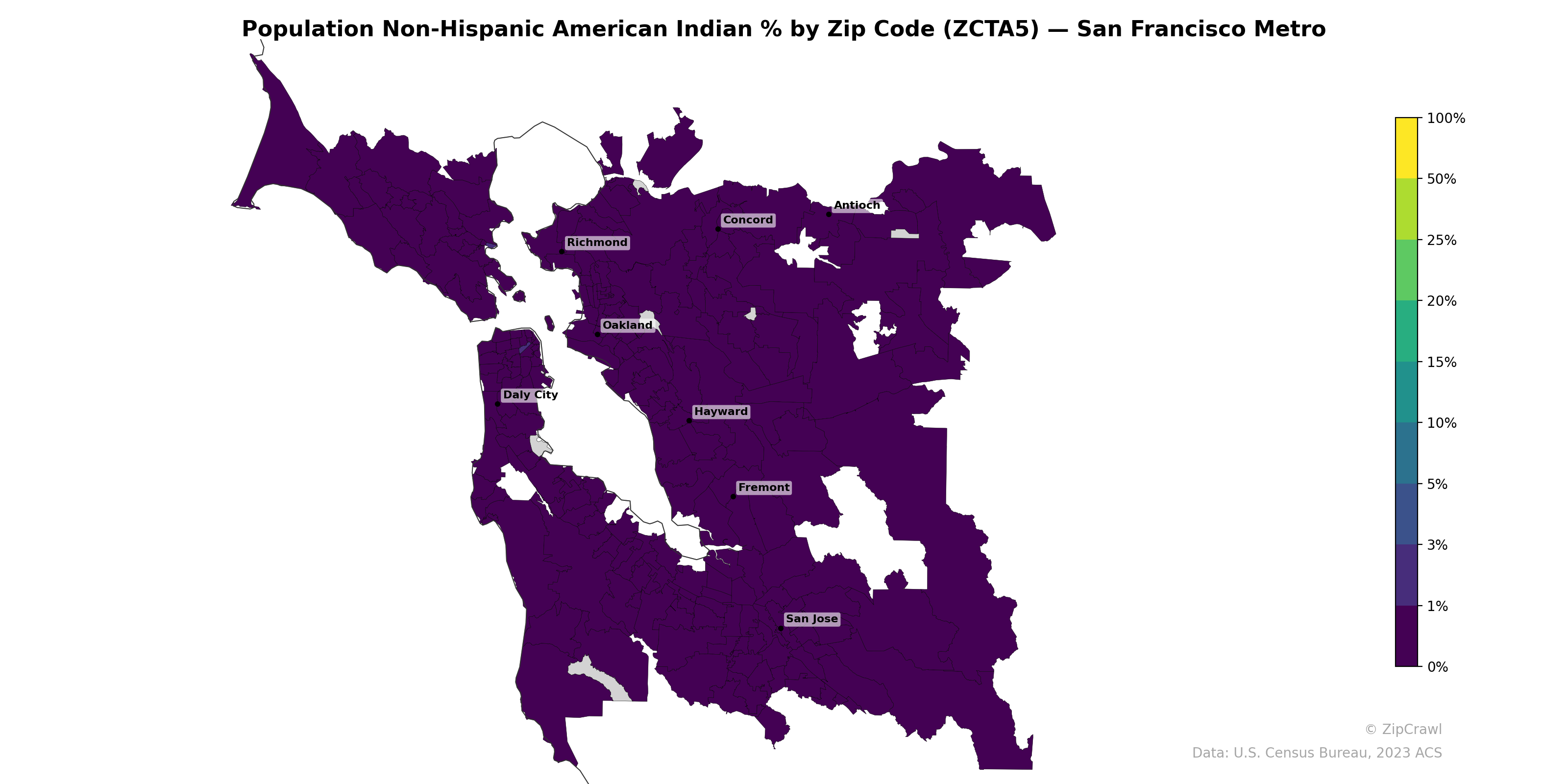 Population Non-Hispanic American Indian % by Zip Code (ZCTA5) — San Francisco Metro