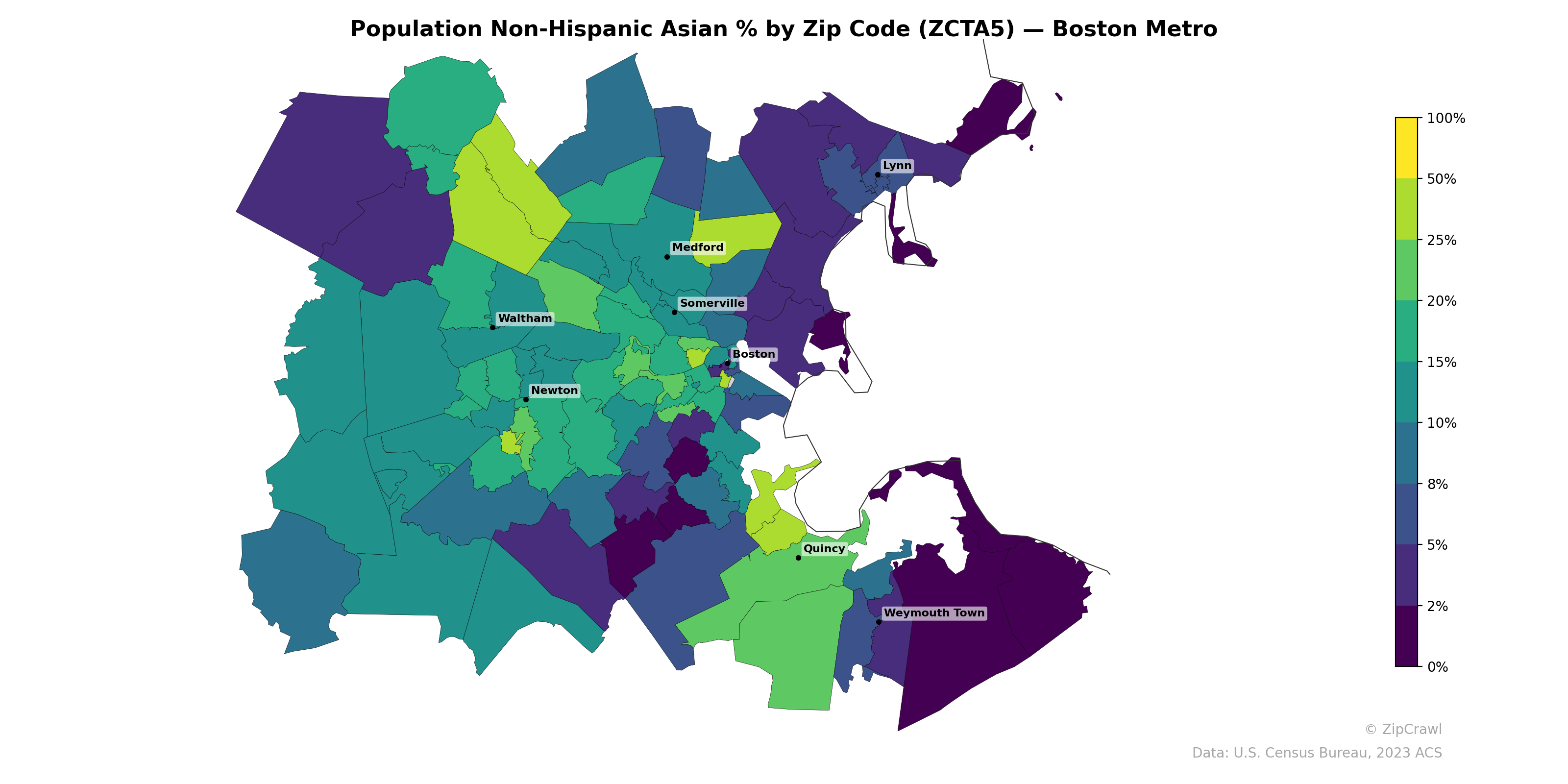 Population Non-Hispanic Asian % by Zip Code (ZCTA5) — Boston Metro