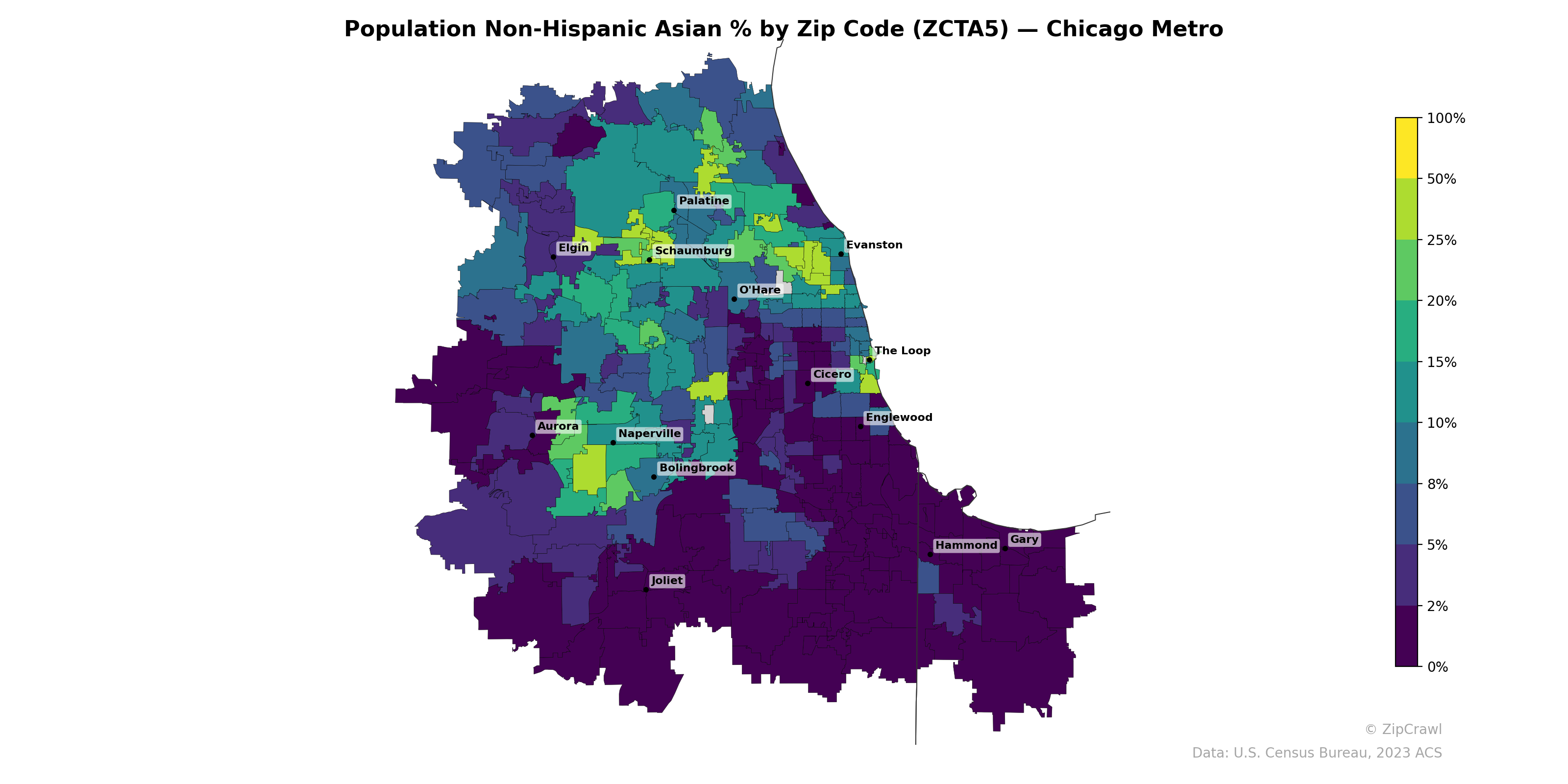 Population Non-Hispanic Asian % by Zip Code (ZCTA5) — Chicago Metro