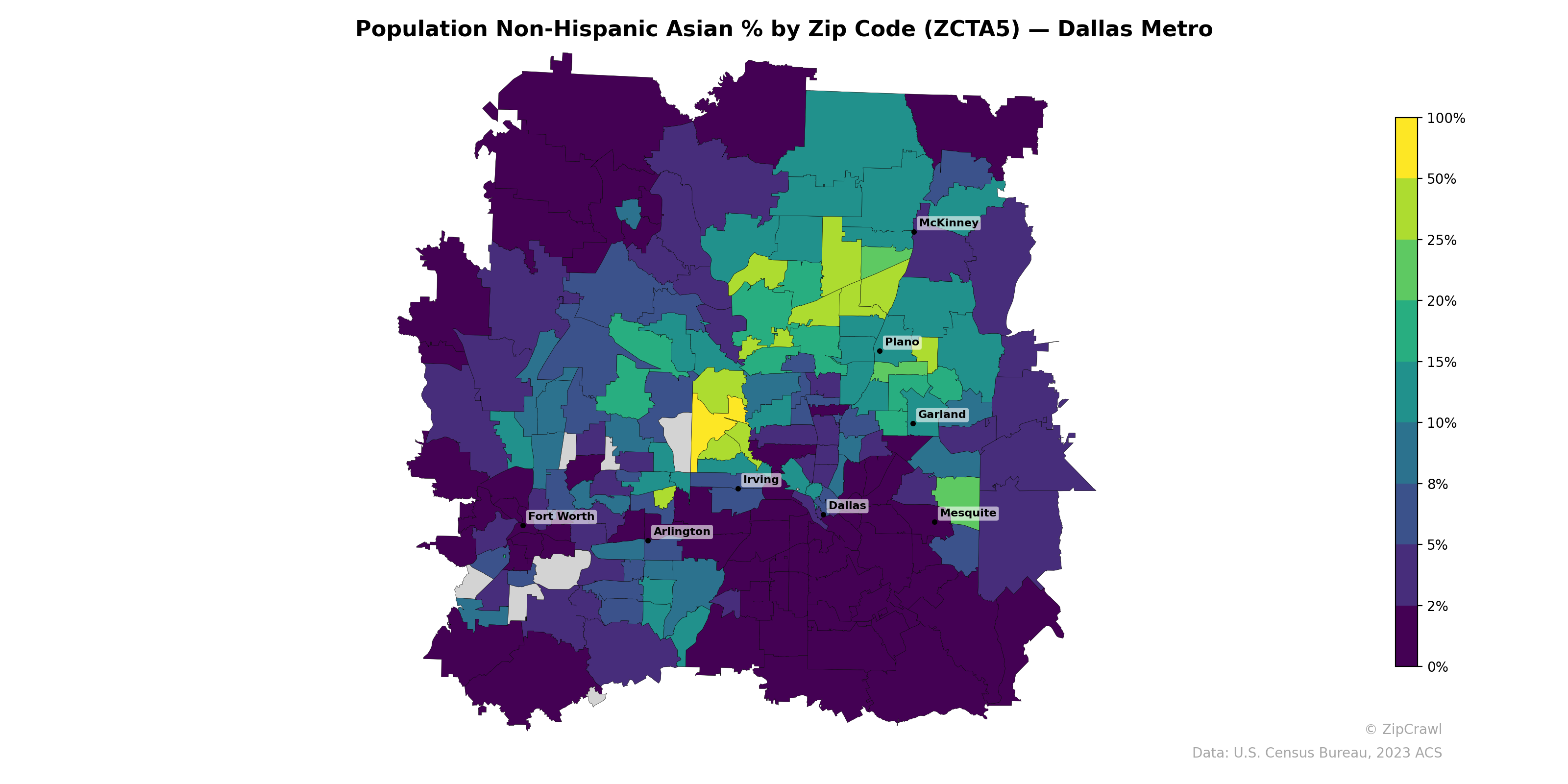 Population Non-Hispanic Asian % by Zip Code (ZCTA5) — Dallas Metro