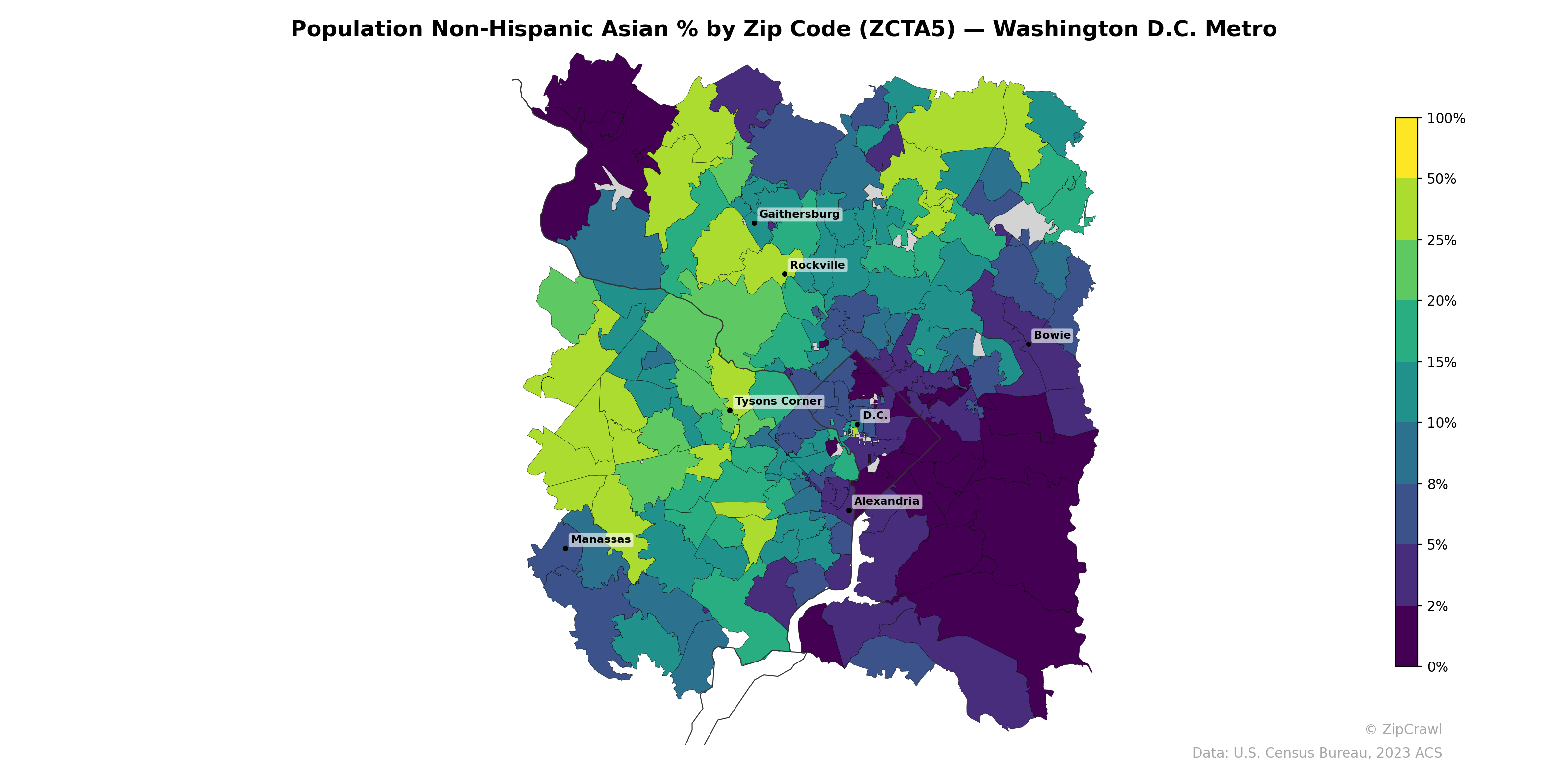 Population Non-Hispanic Asian % by Zip Code (ZCTA5) — Washington D.C. Metro