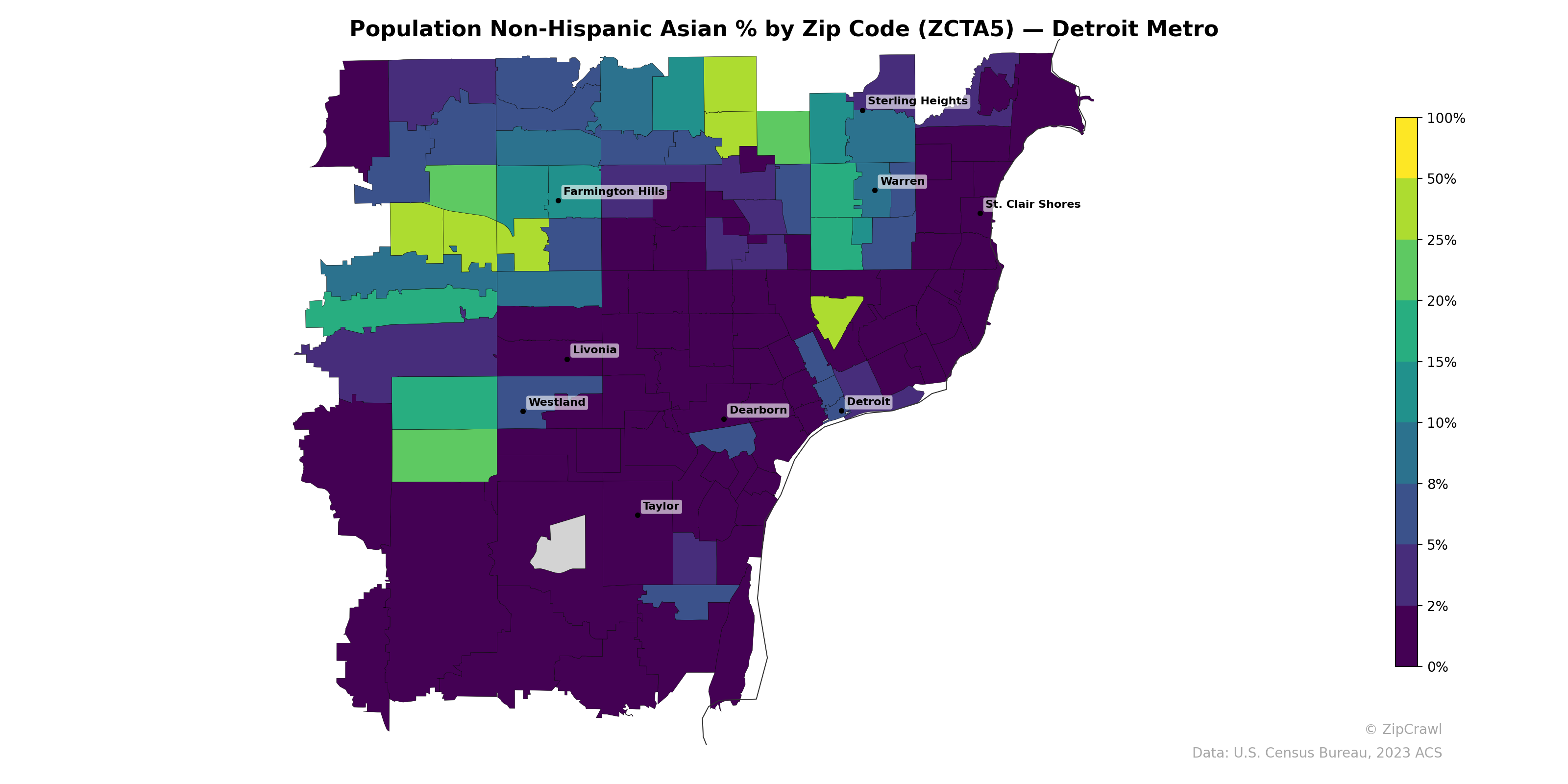 Population Non-Hispanic Asian % by Zip Code (ZCTA5) — Detroit Metro