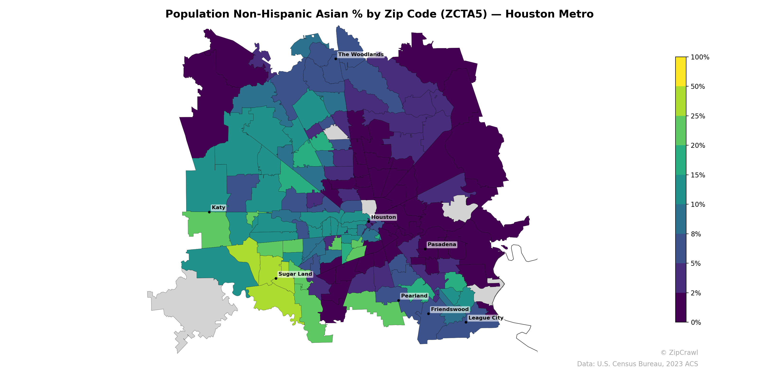 Population Non-Hispanic Asian % by Zip Code (ZCTA5) — Houston Metro