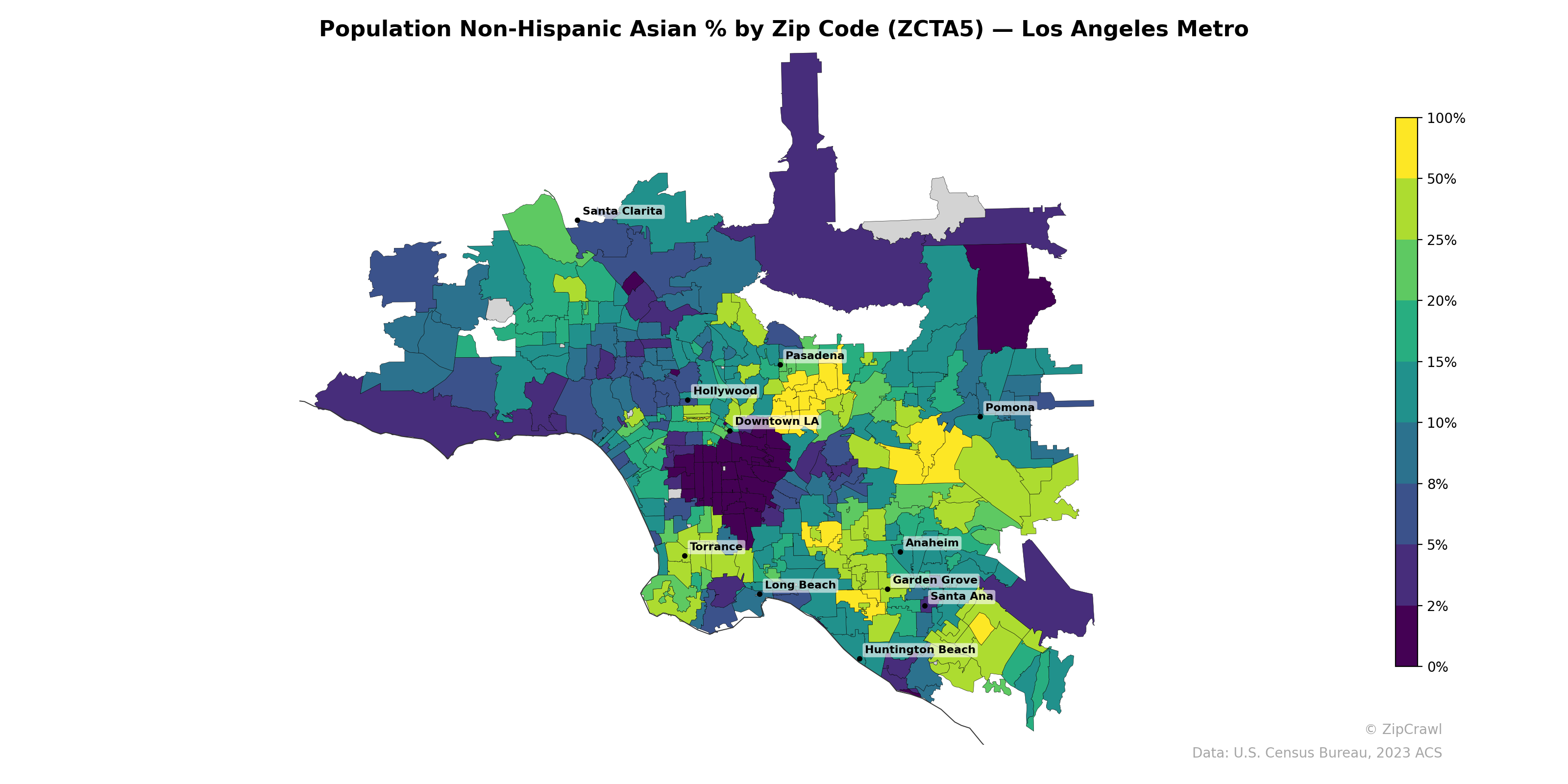 Population Non-Hispanic Asian % by Zip Code (ZCTA5) — Los Angeles Metro
