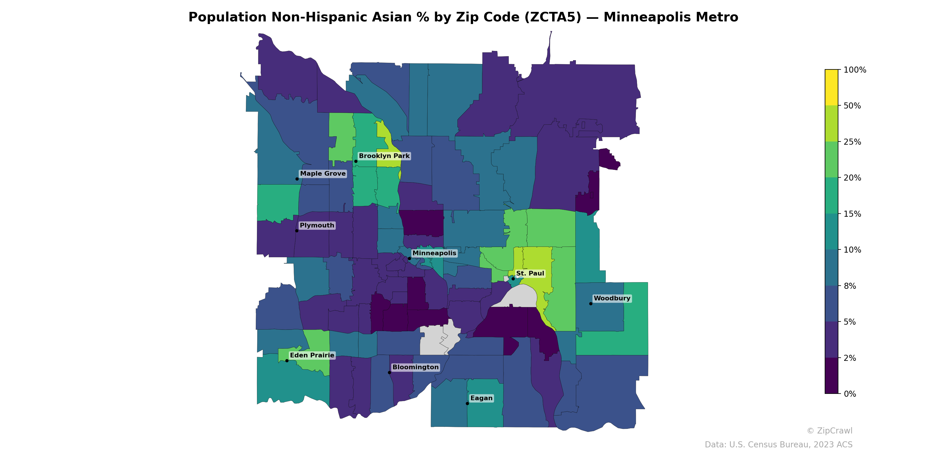 Population Non-Hispanic Asian % by Zip Code (ZCTA5) — Minneapolis Metro