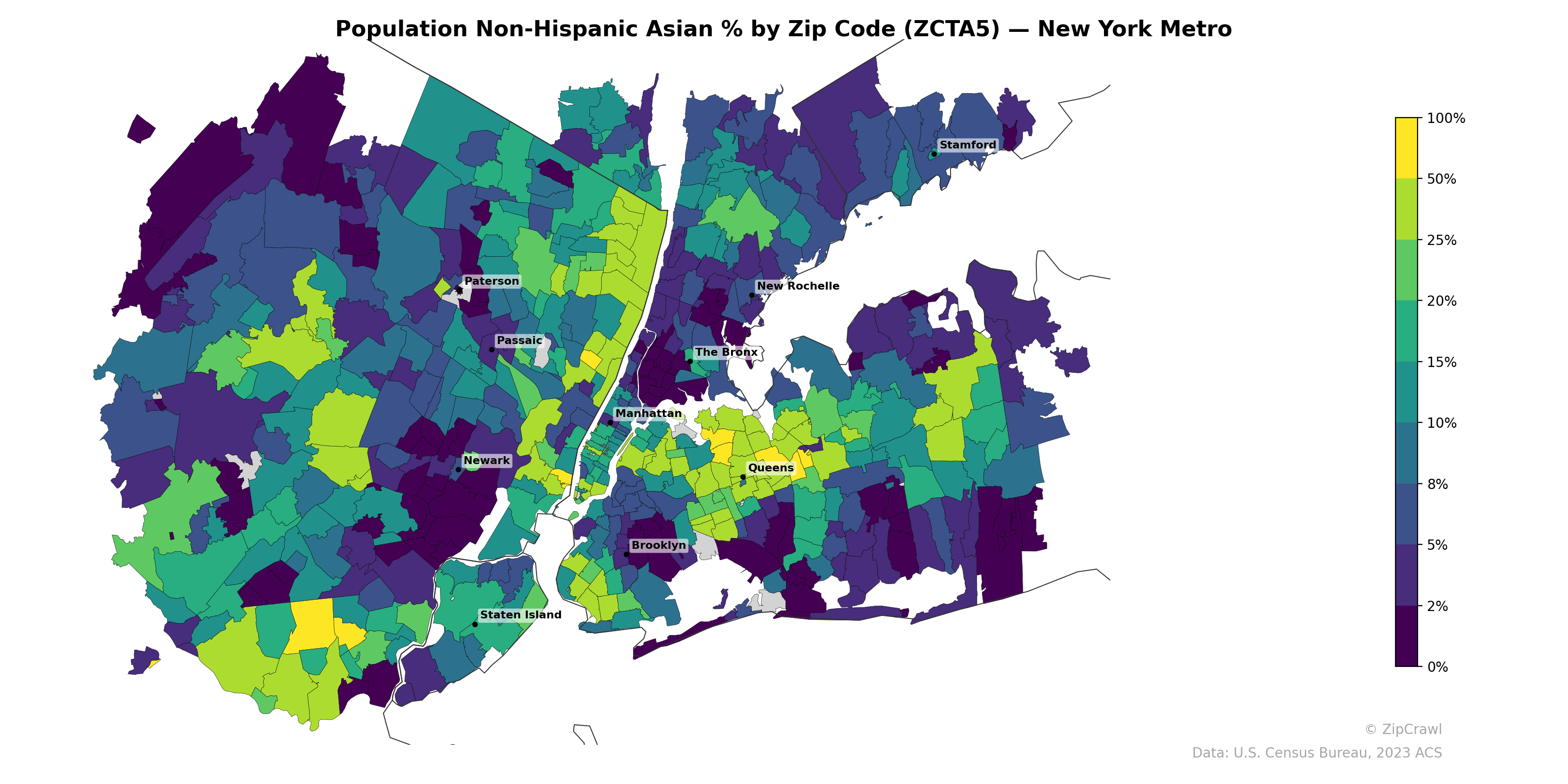 Population Non-Hispanic Asian % by Zip Code (ZCTA5) — New York Metro