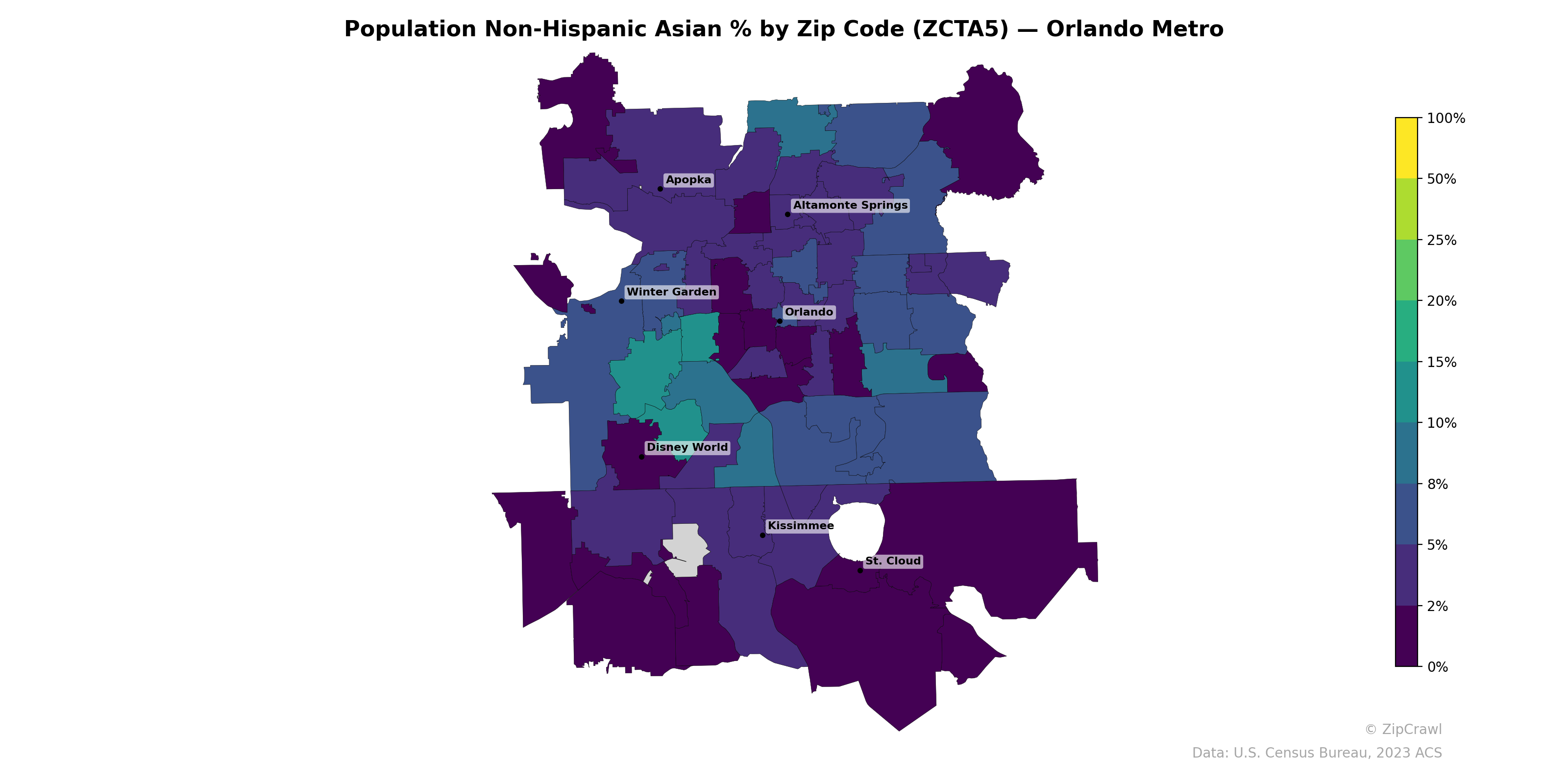 Population Non-Hispanic Asian % by Zip Code (ZCTA5) — Orlando Metro