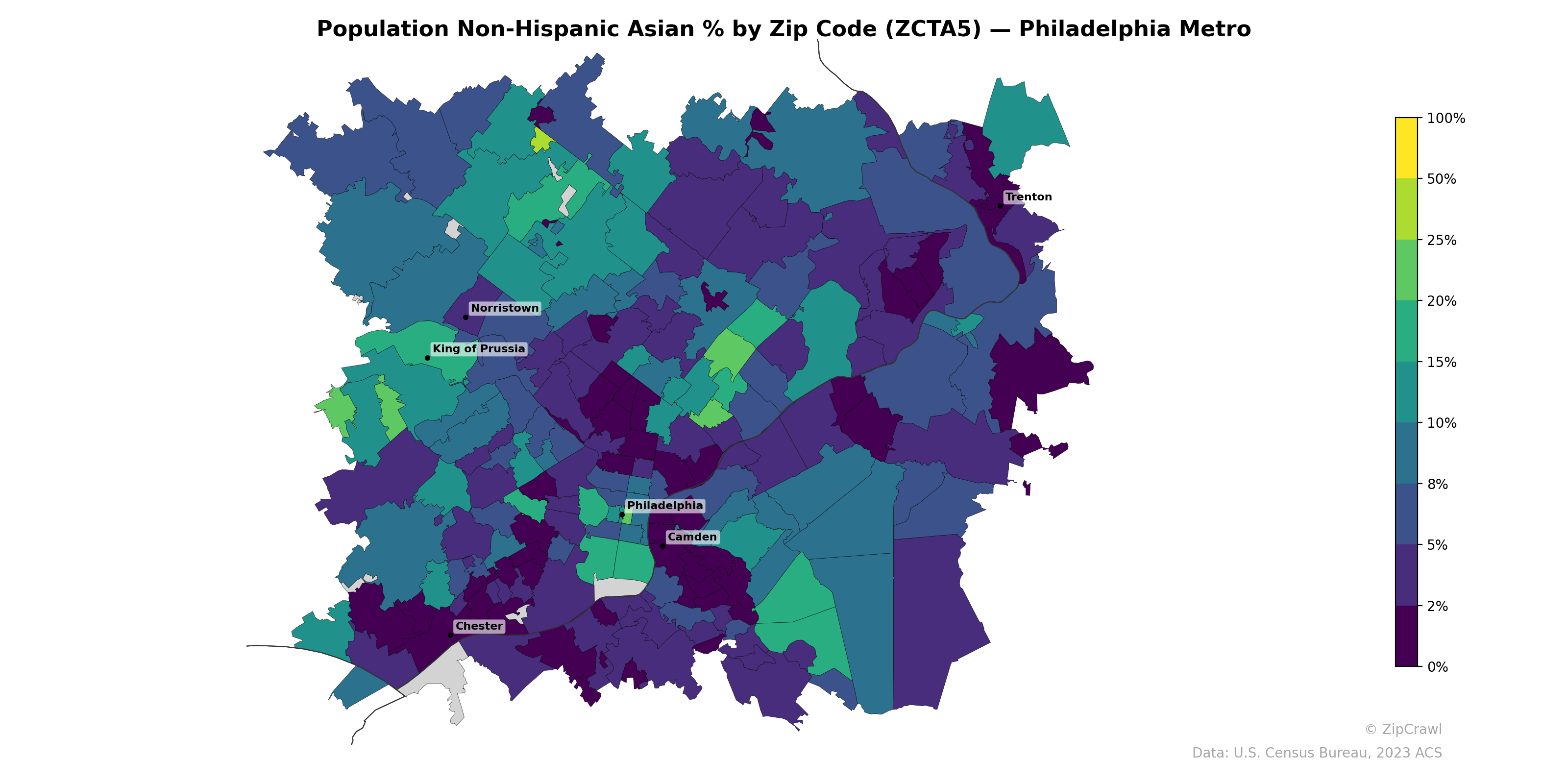 Population Non-Hispanic Asian % by Zip Code (ZCTA5) — Philadelphia Metro