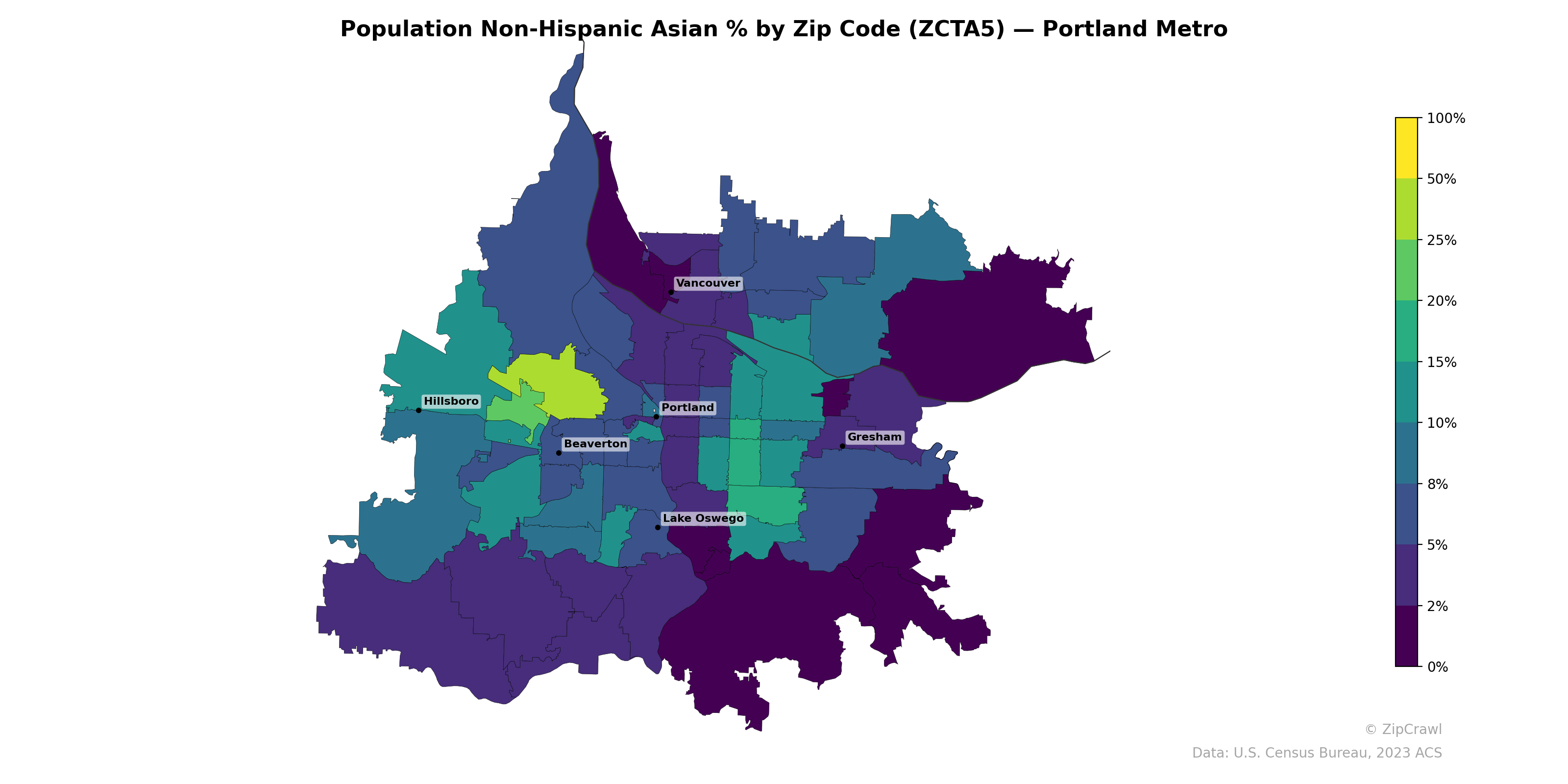 Population Non-Hispanic Asian % by Zip Code (ZCTA5) — Portland Metro