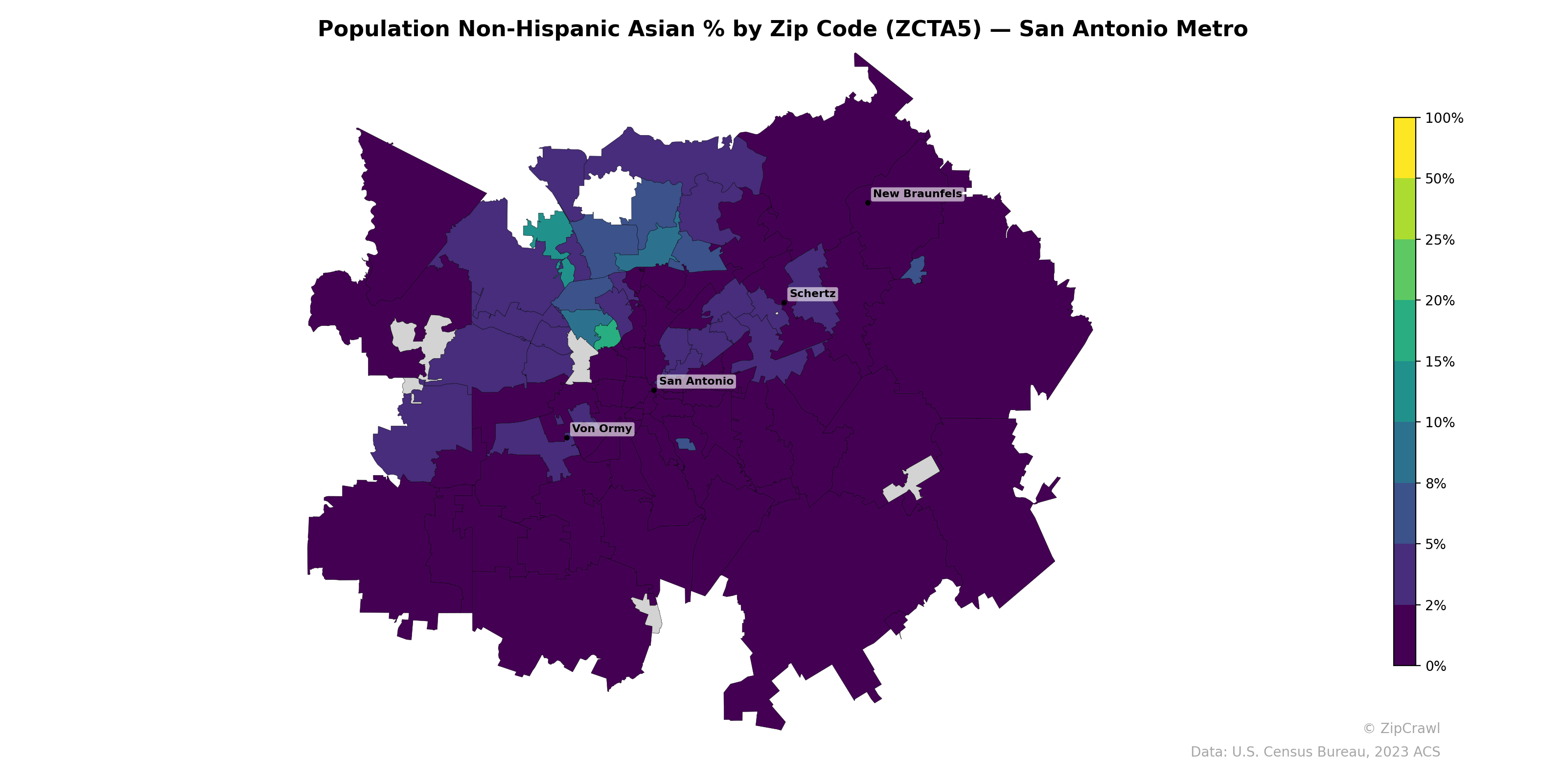 Population Non-Hispanic Asian % by Zip Code (ZCTA5) — San Antonio Metro