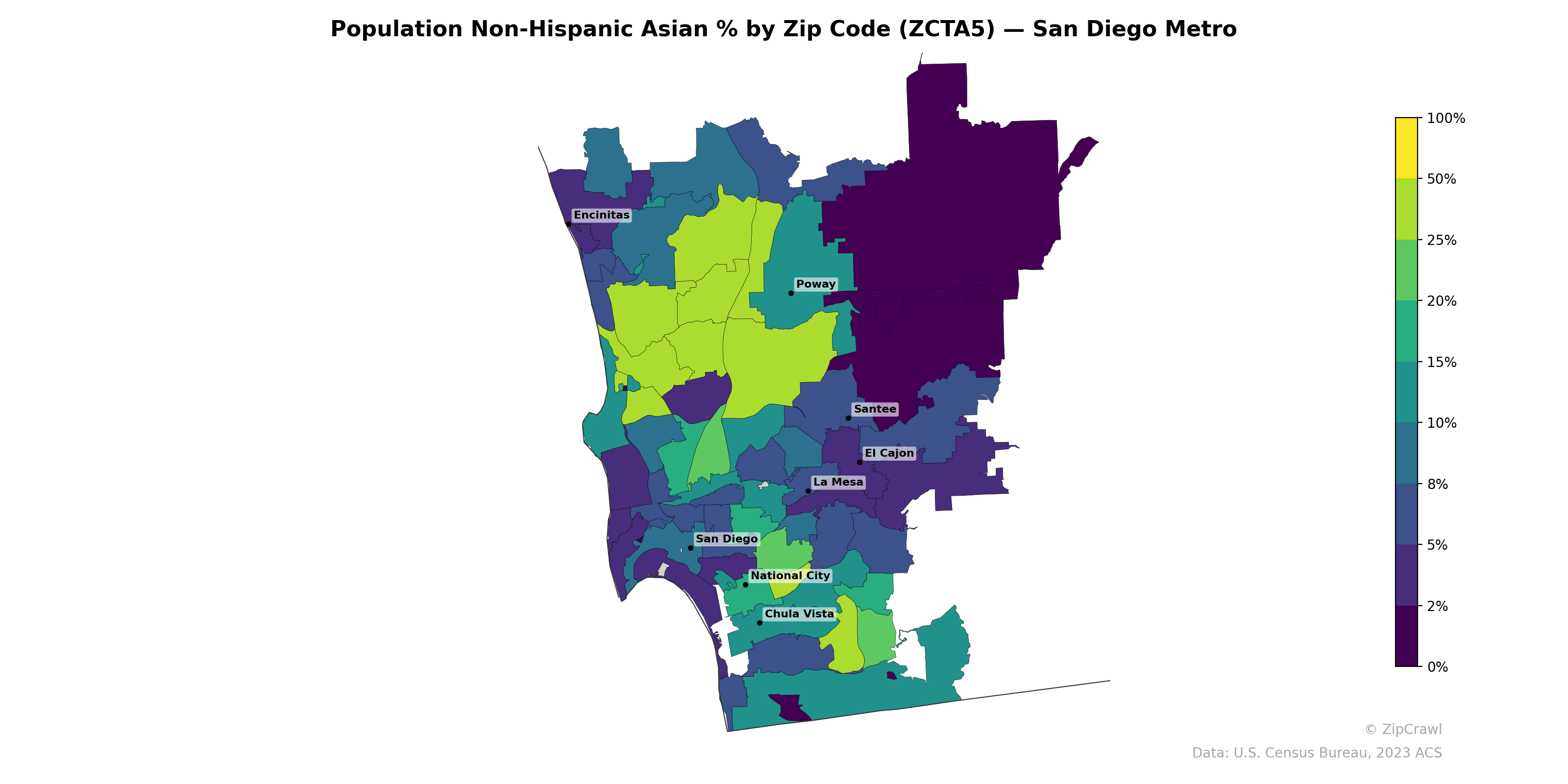 Population Non-Hispanic Asian % by Zip Code (ZCTA5) — San Diego Metro