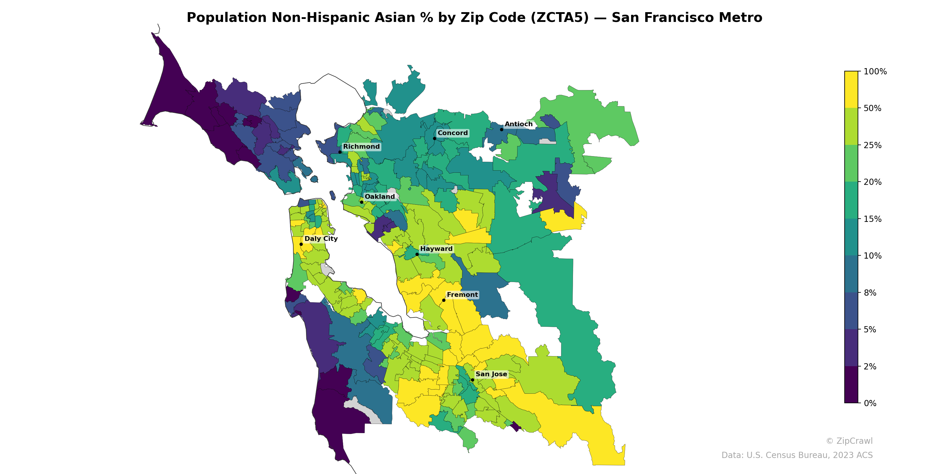 Population Non-Hispanic Asian % by Zip Code (ZCTA5) — San Francisco Metro