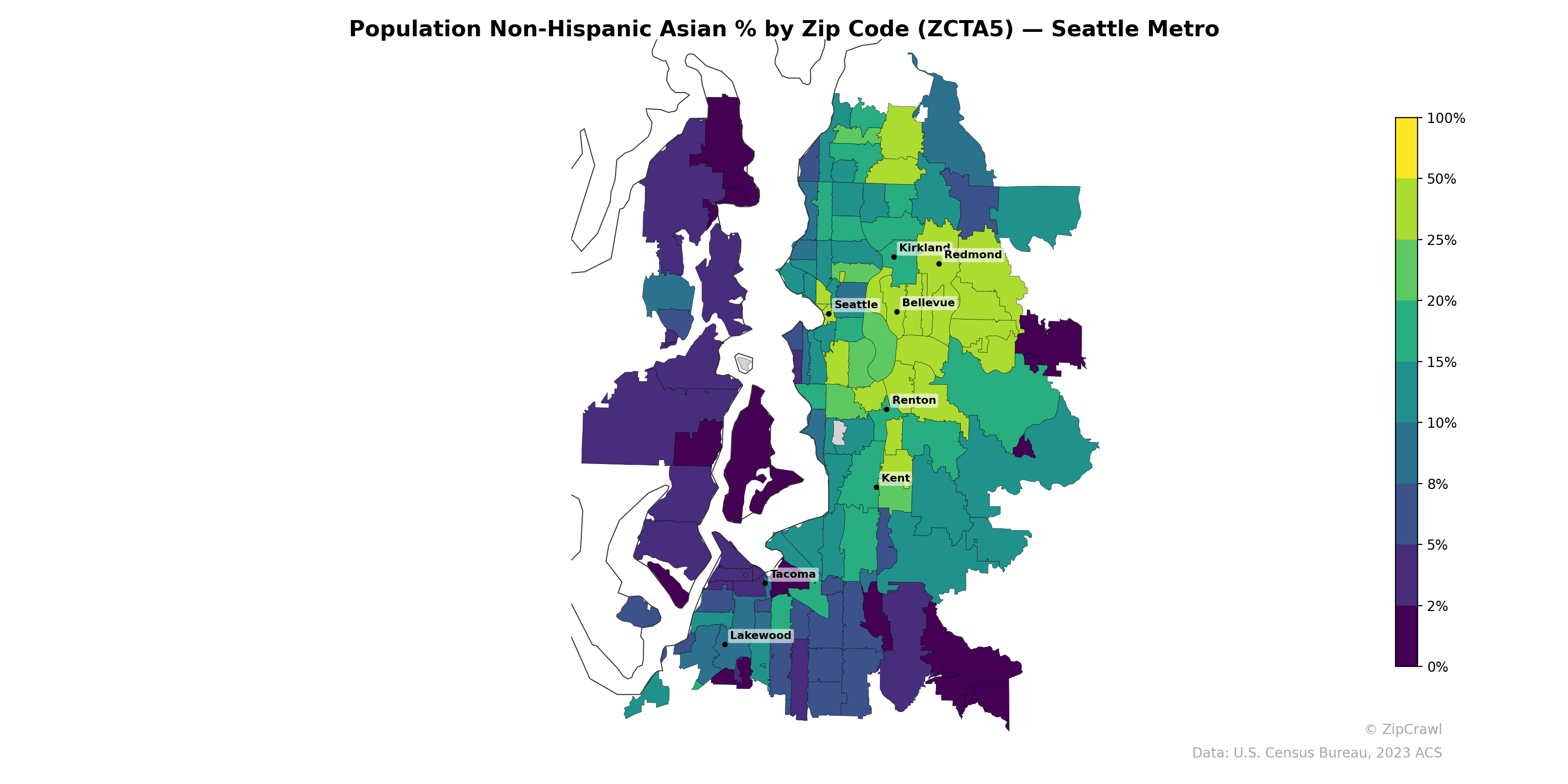 Population Non-Hispanic Asian % by Zip Code (ZCTA5) — Seattle Metro