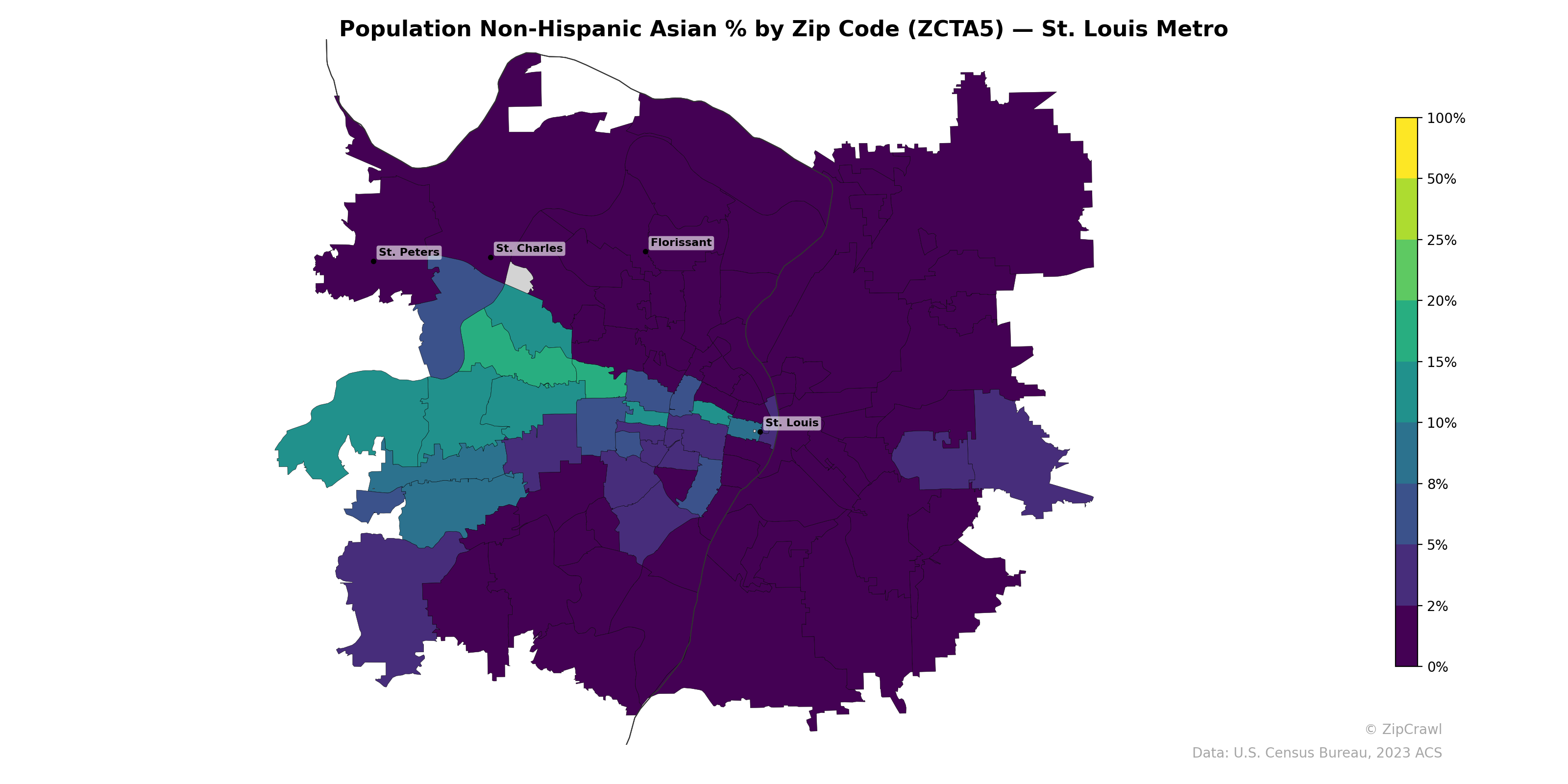 Population Non-Hispanic Asian % by Zip Code (ZCTA5) — St. Louis Metro
