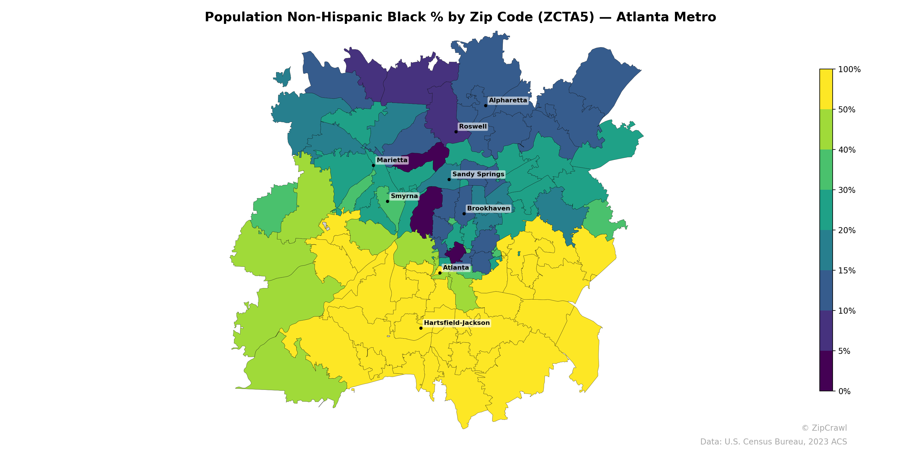 Population Non-Hispanic Black % by Zip Code (ZCTA5) — Atlanta Metro