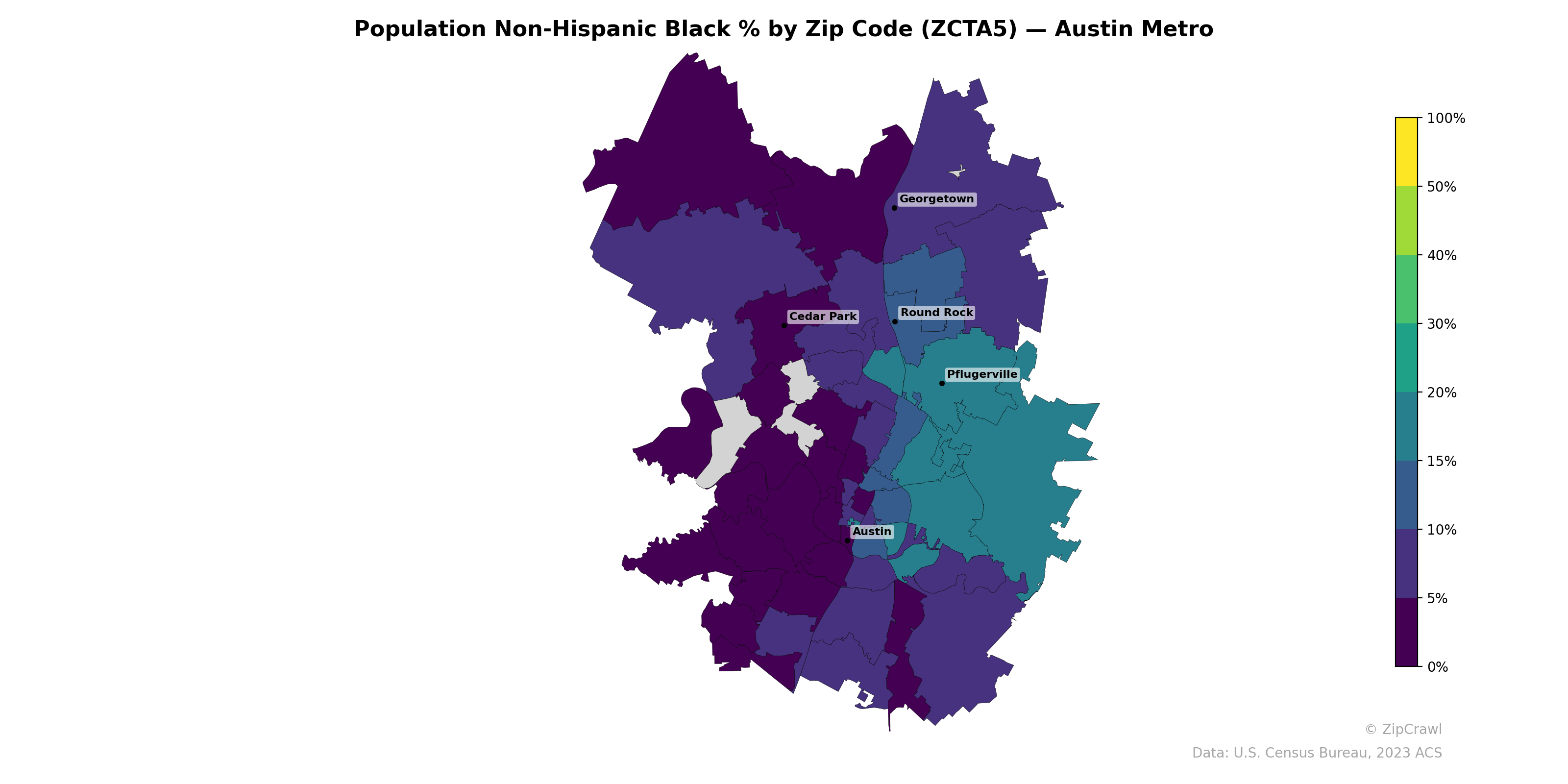 Population Non-Hispanic Black % by Zip Code (ZCTA5) — Austin Metro
